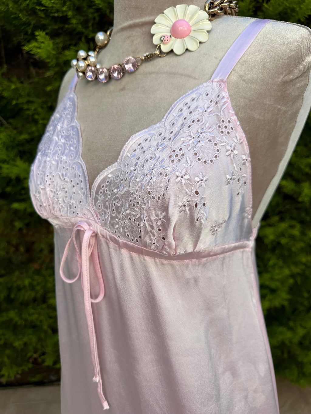 1970 Vintage long pink slip dress with embroidery