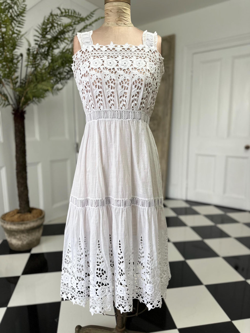1910s Edwardian white embroidered lace  under dress with grey ribbon details