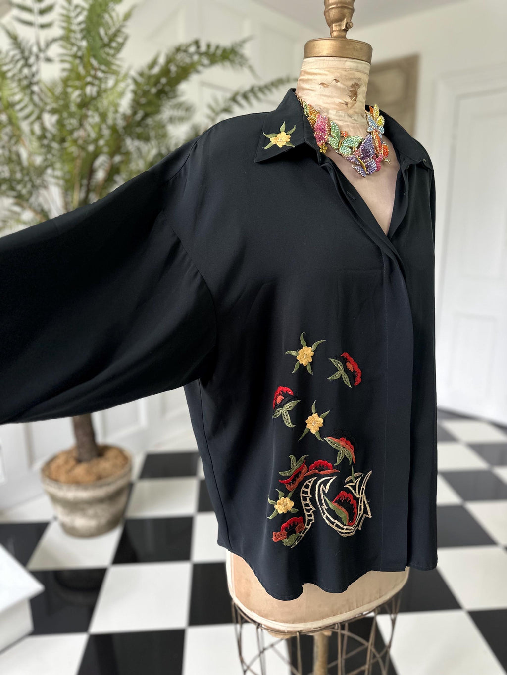 Vintage 1980s Black Long Sleeve Blouse with Embroidered Collar