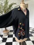 Vintage 1980s Black Long Sleeve Blouse with Embroidered Collar