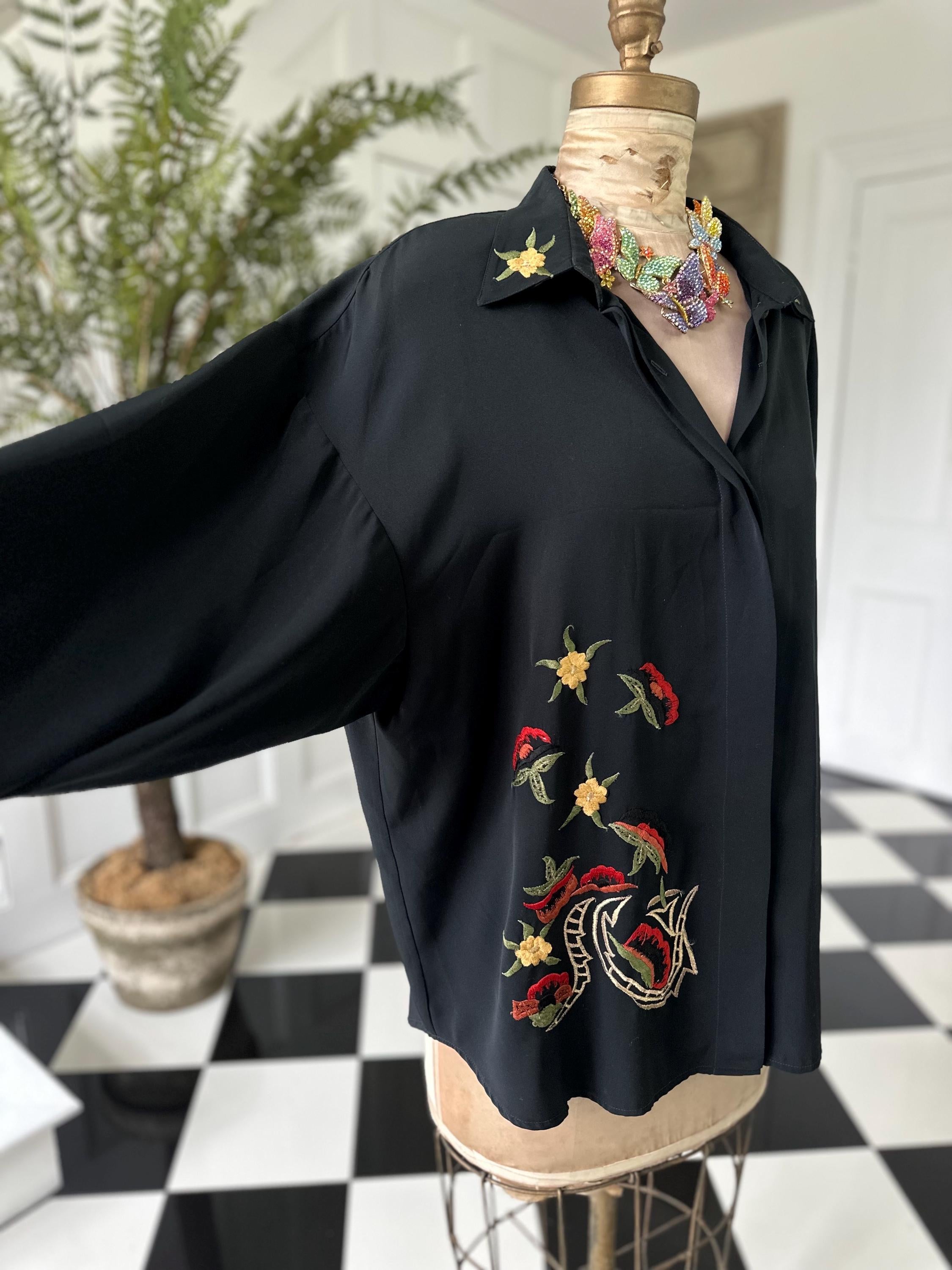 Vintage 1980s Black Long Sleeve Blouse with Embroidered Collar
