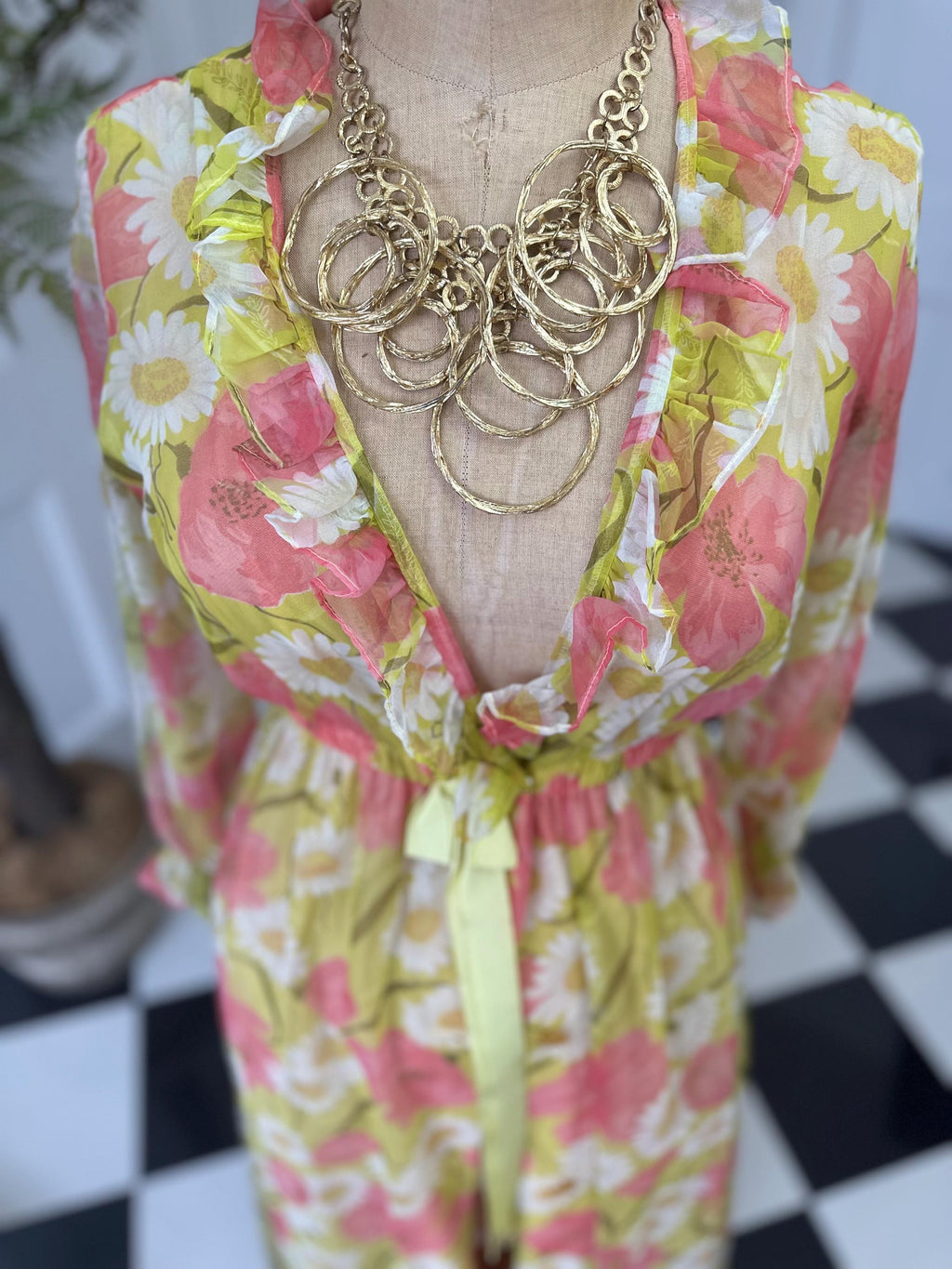 Vintage 1970s floral pink and yellow and green maxi dress with ruffle collar