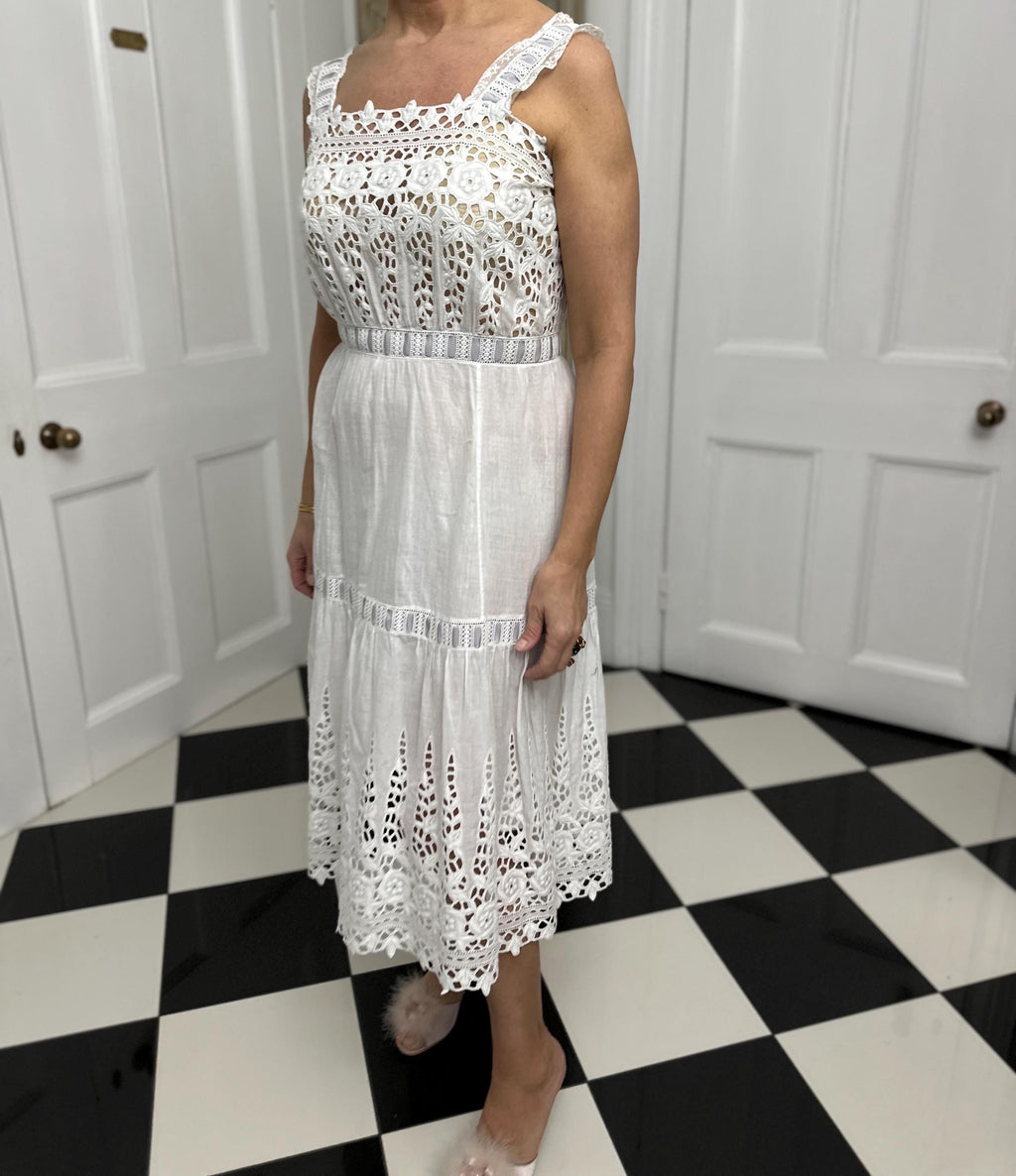 1910s Edwardian white embroidered lace  under dress with grey ribbon details