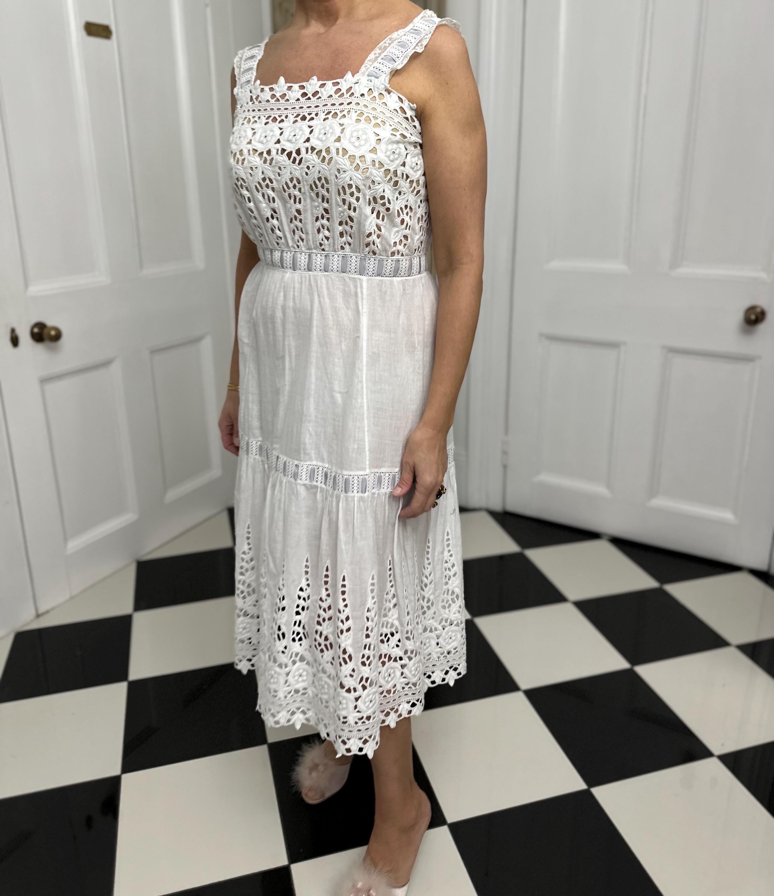 1910s Edwardian white embroidered lace  under dress with grey ribbon details