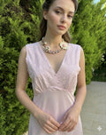 1970 Vintage long pink slip dress with a crossover top with embroidery details