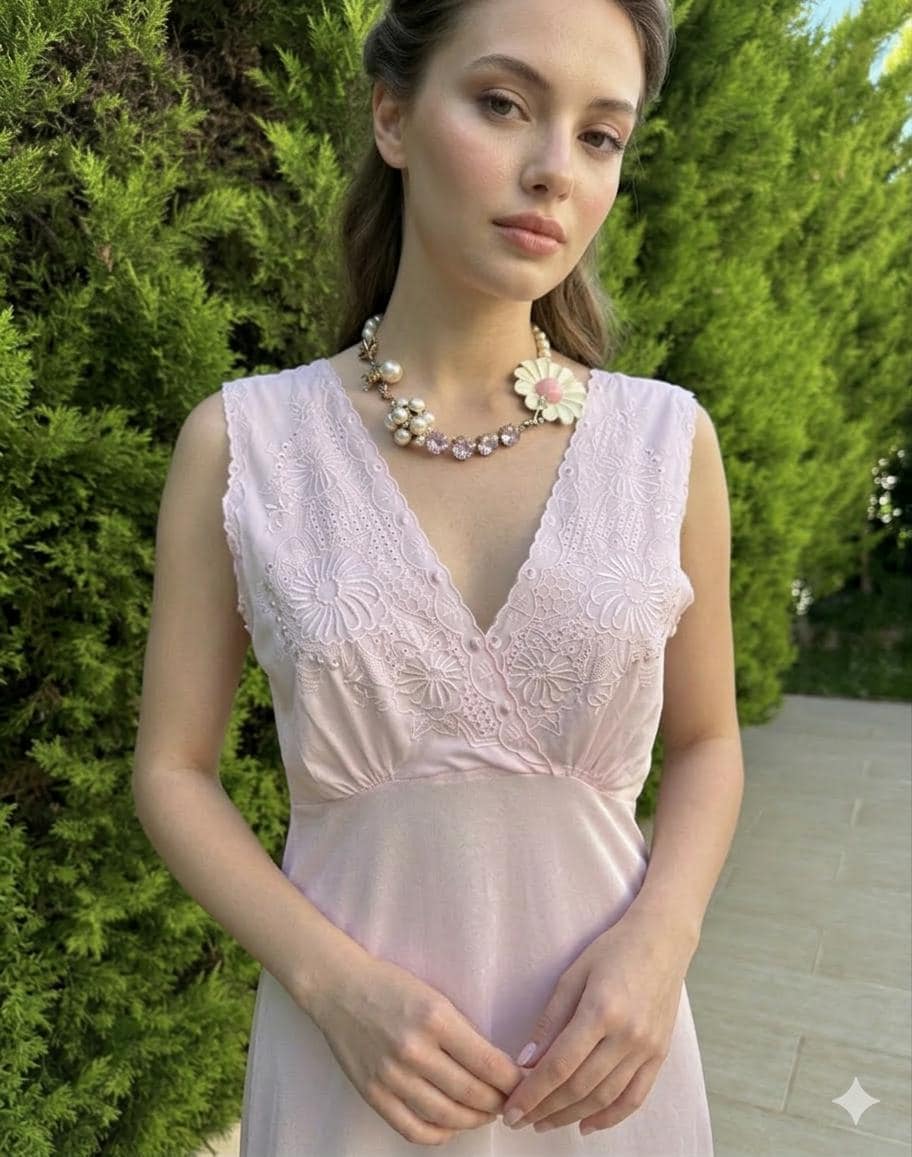 1970 Vintage long pink slip dress with a crossover top with embroidery details