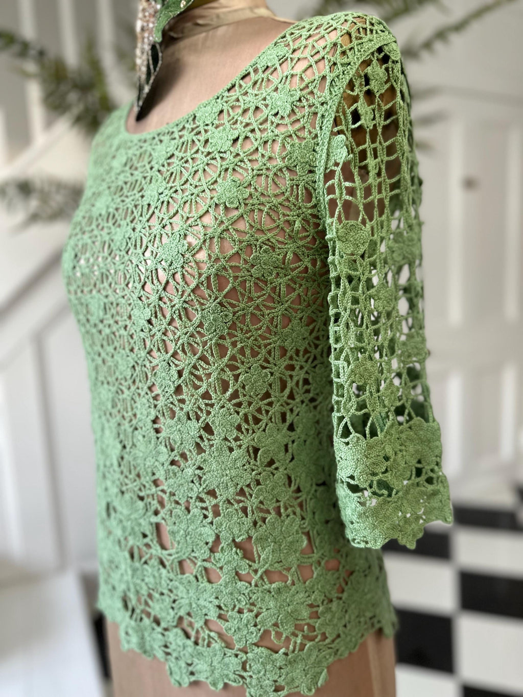 Green Hand Embroidered Knit Jumper: 3/4 Sleeves