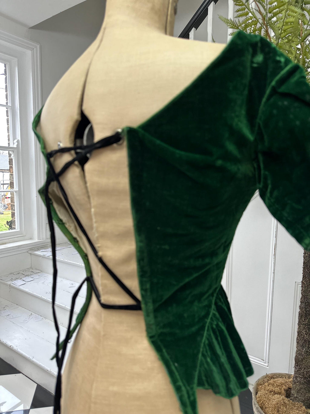 1860s Emerald Green Velvet Bodice Corset: Antique Ribbon, Collectible