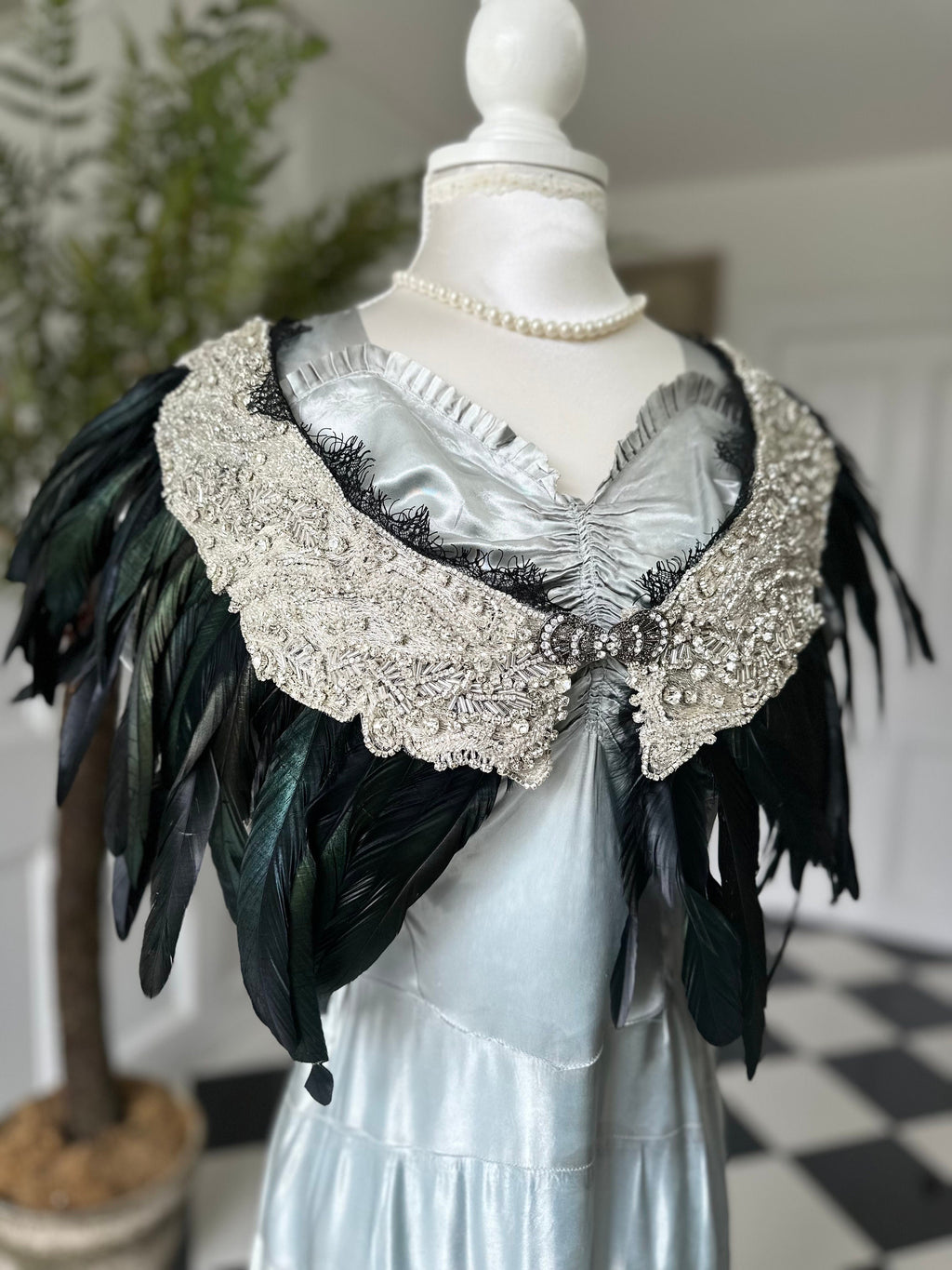 1920s 1930s vintage style feather cape with embellished and dark green cape shawl