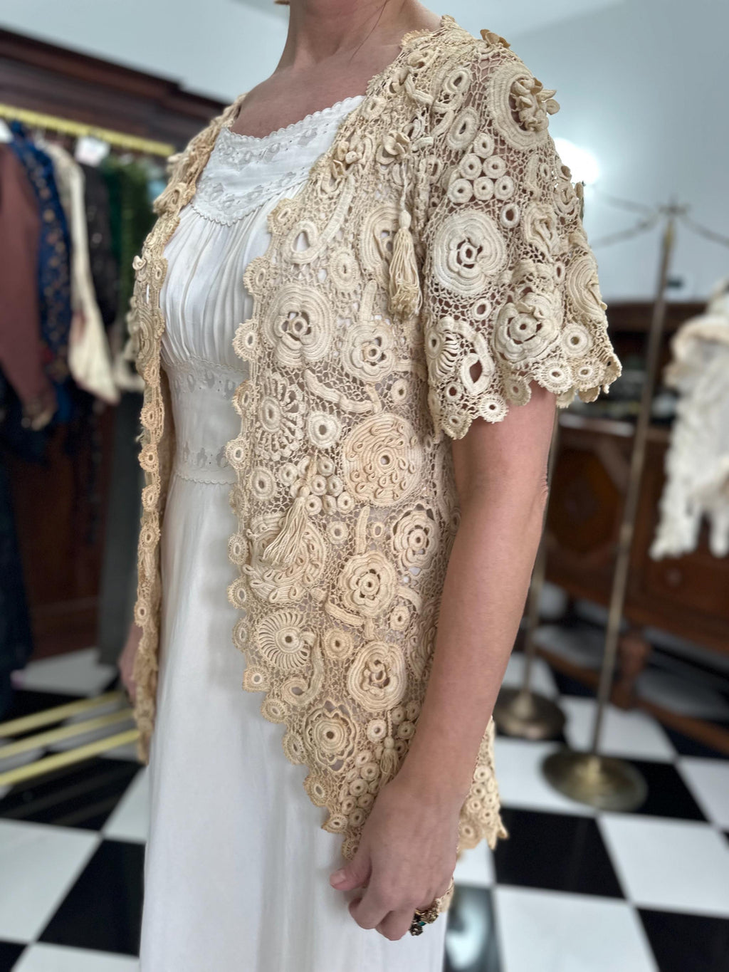 Vintage Irish Crochet Long Jacket Cardigan Intricate Handcrafted Beauty