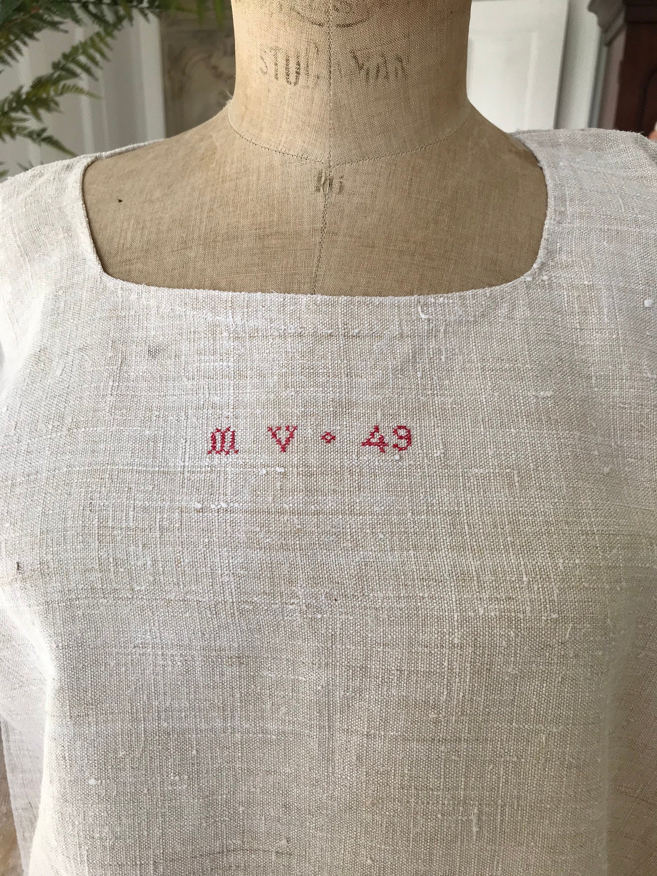French 1800s Rustic farmers shirt dress hemp linen with monogram MV 49