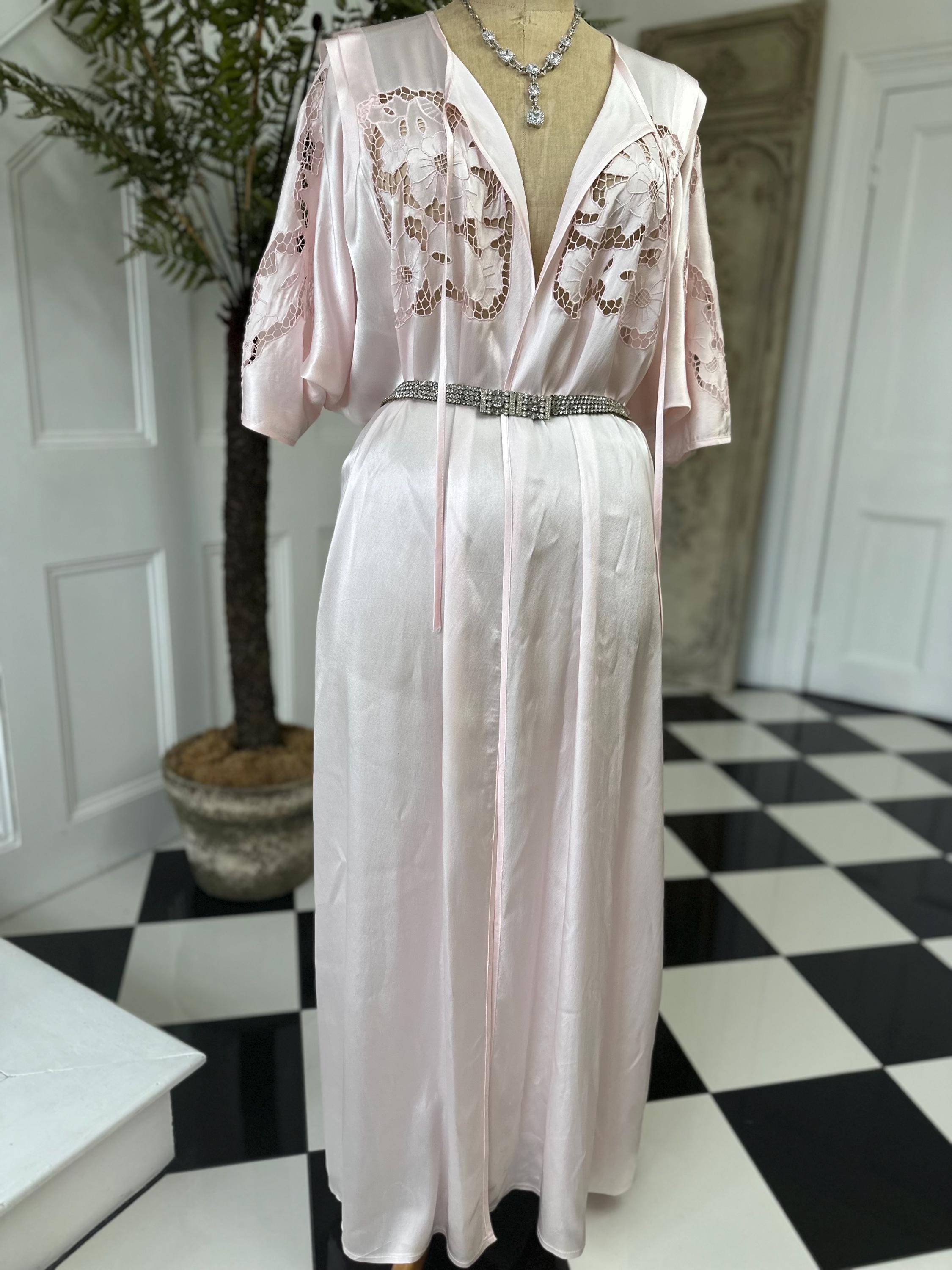 1970s Pink Satin dressing gown with Cutout Lace Loungewear