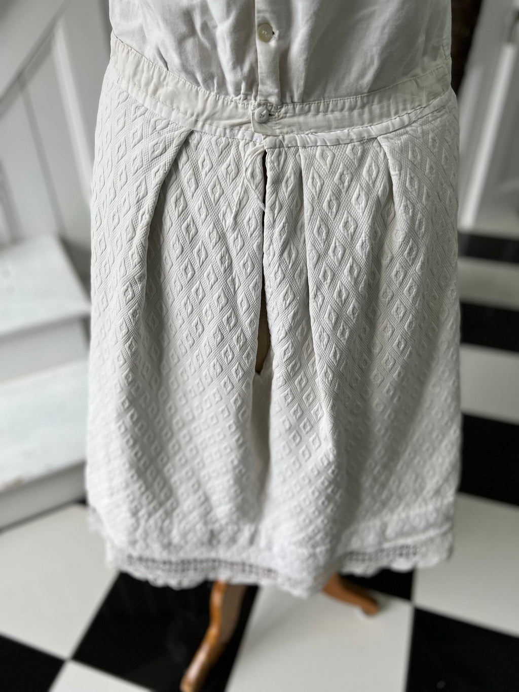 Antique 1800s underdress garment with crochet and quilted skirt monogram AE