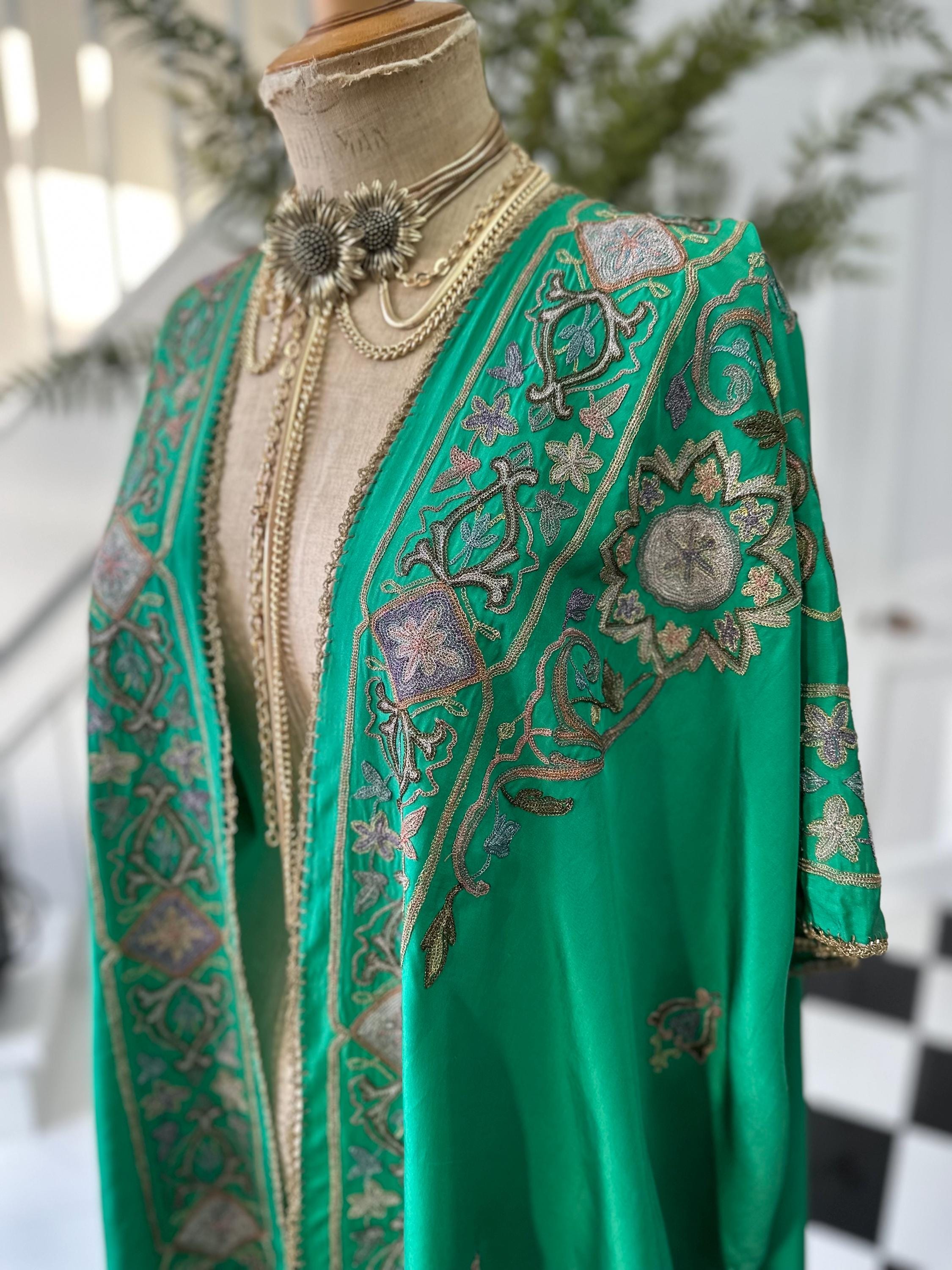 Antique Ottoman Silk Kaftan: 19th Century Emerald Green Embroidered Robe