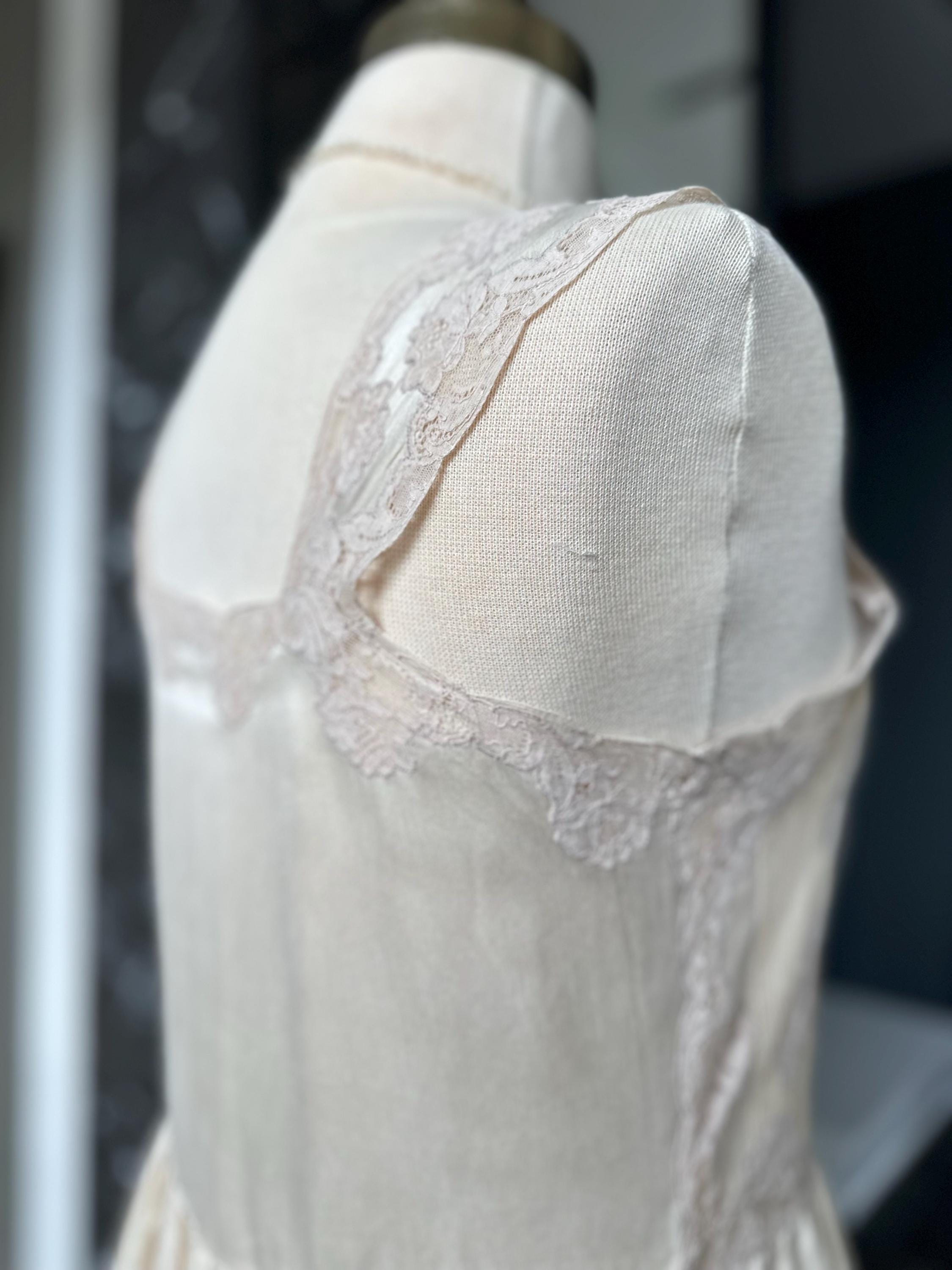 1930s Liquid Silk Maxi Gown: Antique Lace, Embroidery, Old Hollywood Style