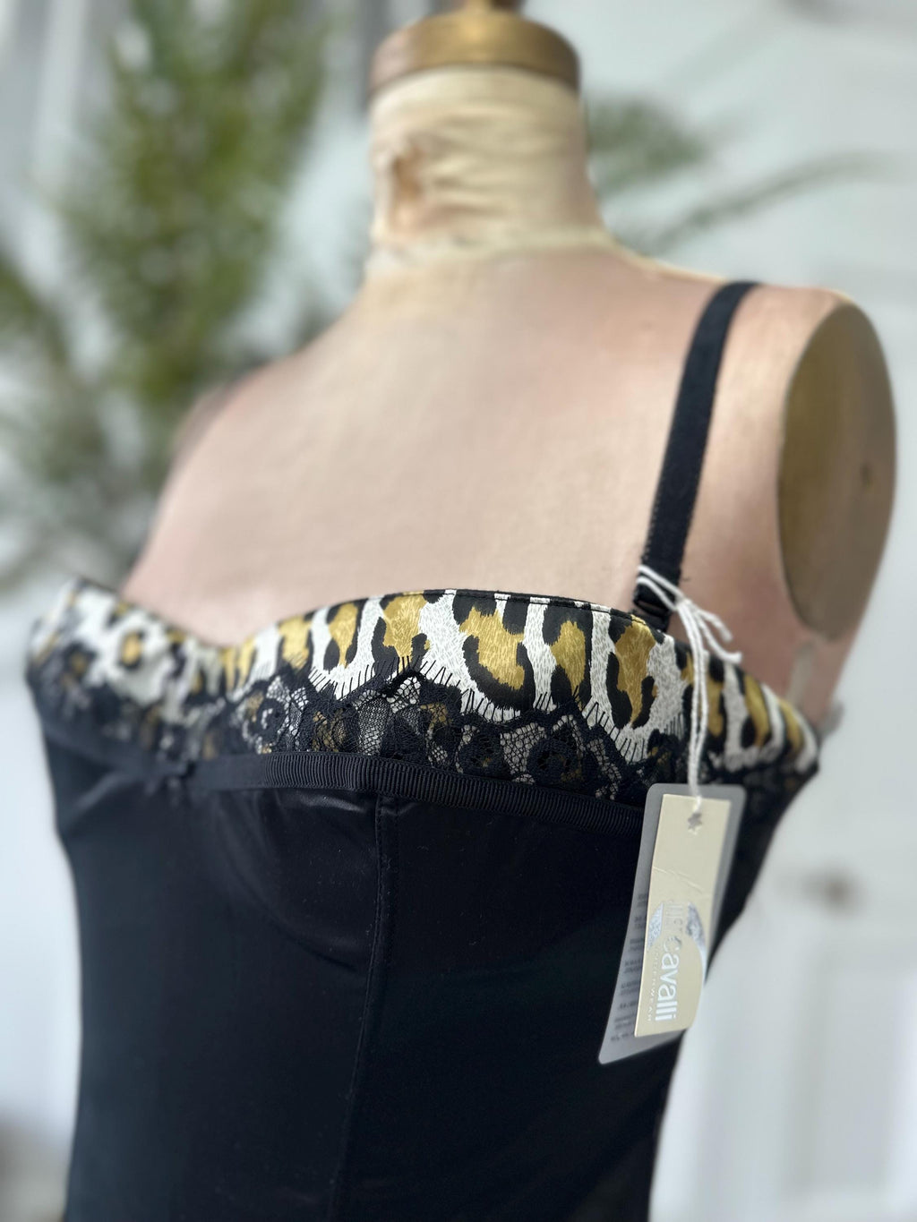 Just Cavalli Elegant Black satin and  Lace bustier with leopard trimming