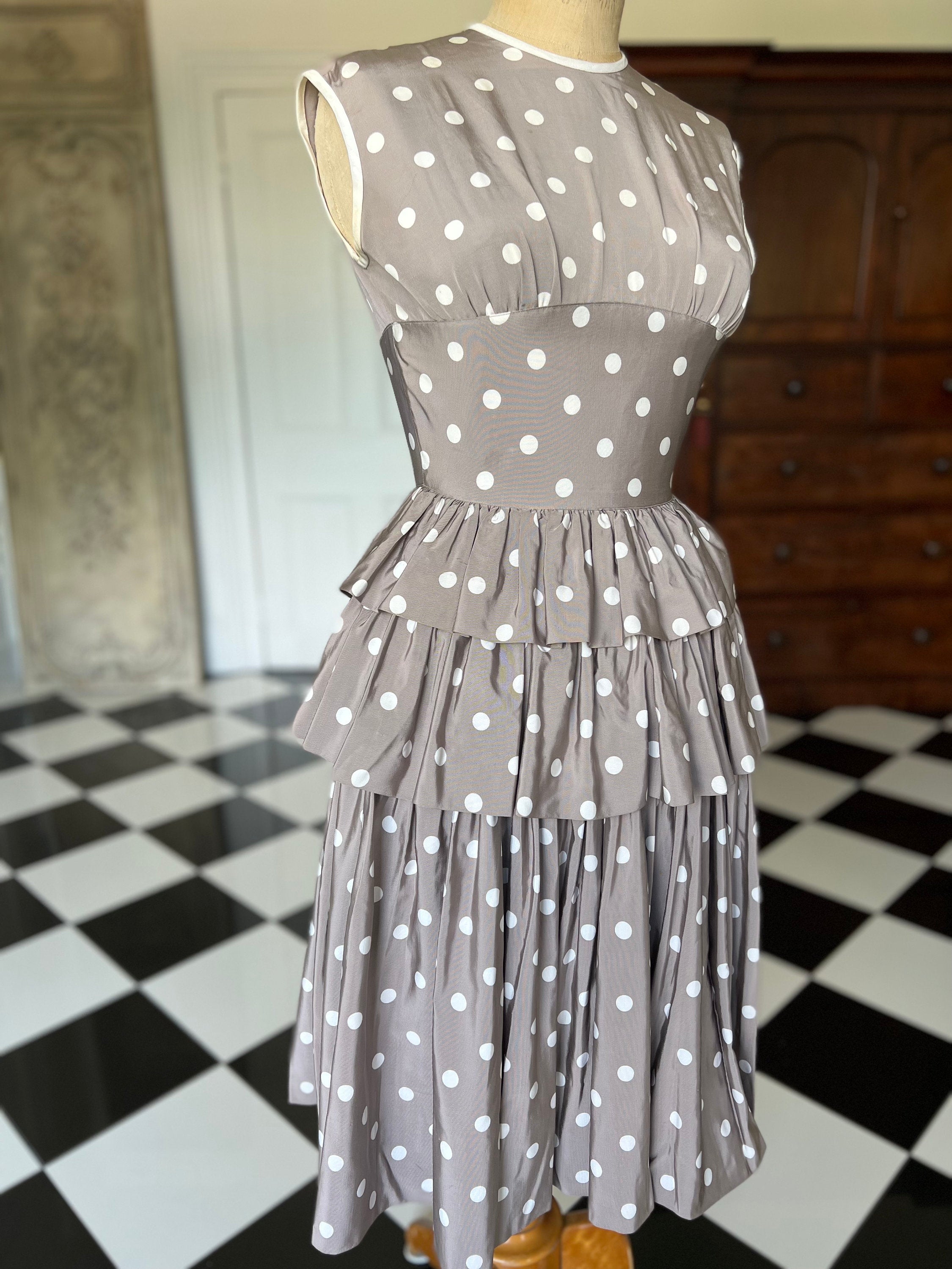 1950s mink and  white  silk tafetta polka dot ruffle skirt dress
