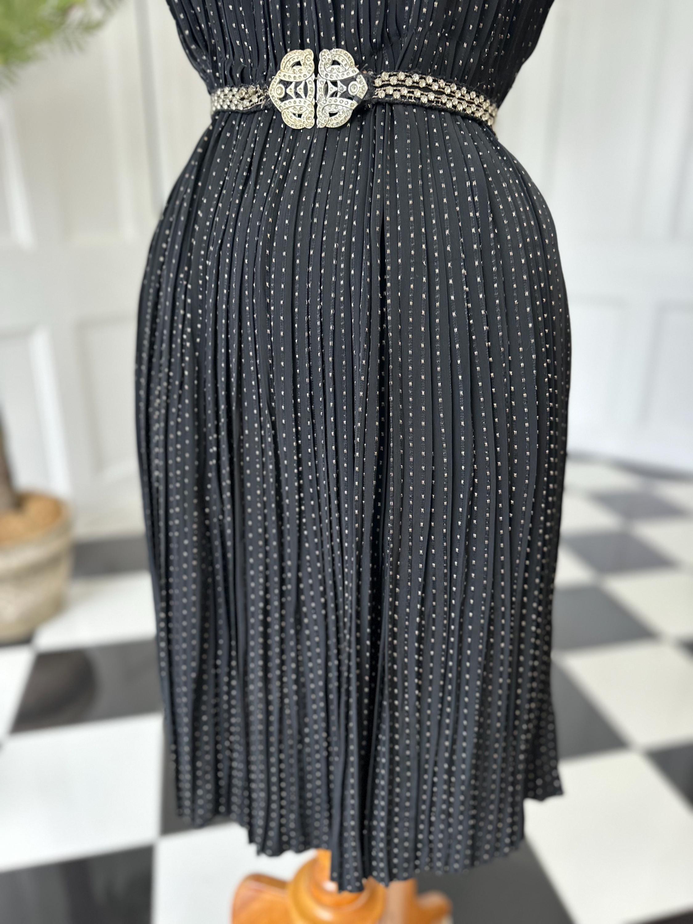 1940s Black with gold thread accordion pleat dress