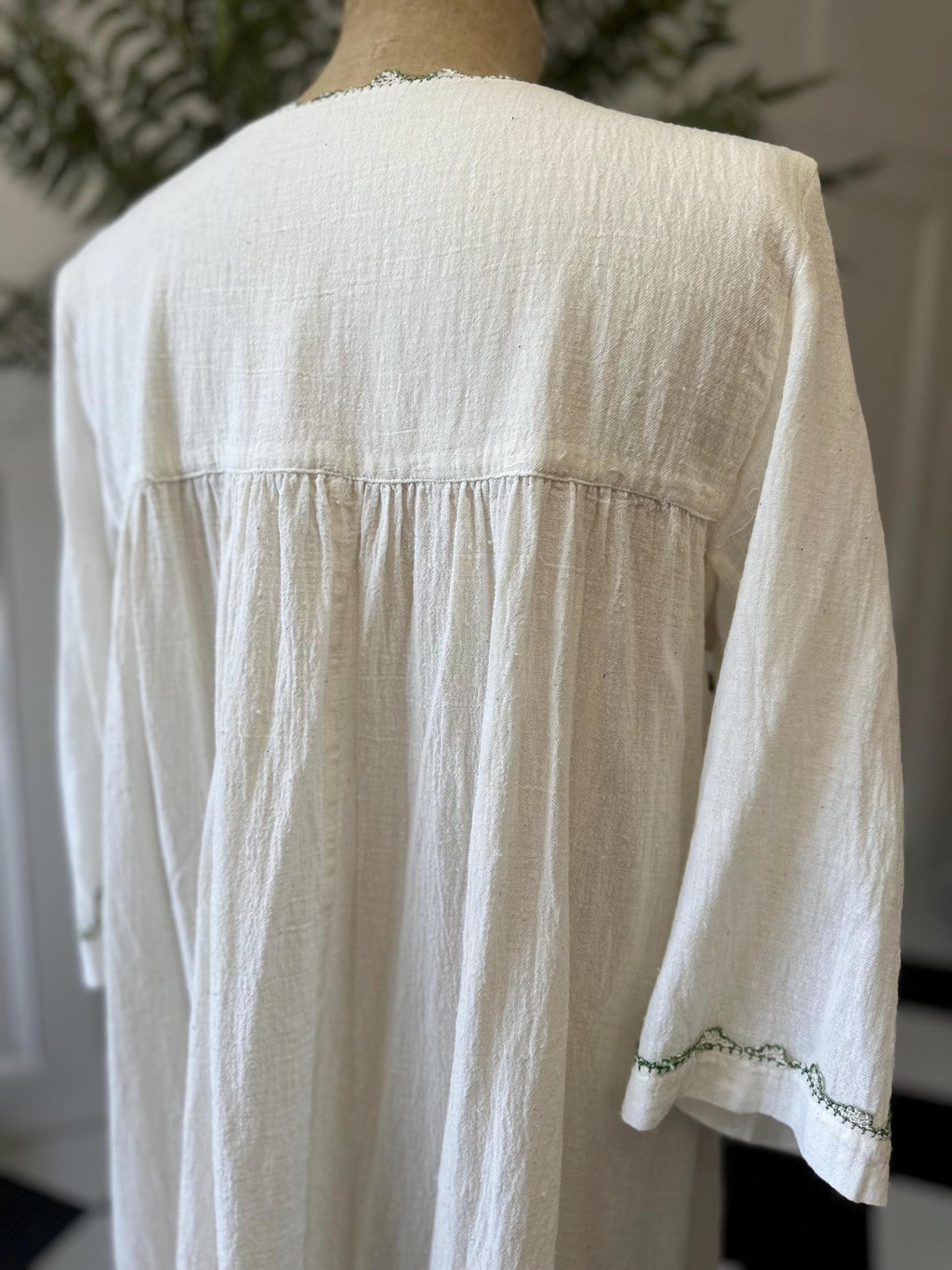 1970s Long hand loomed muslin cotton  gown with hand embroidered kimono