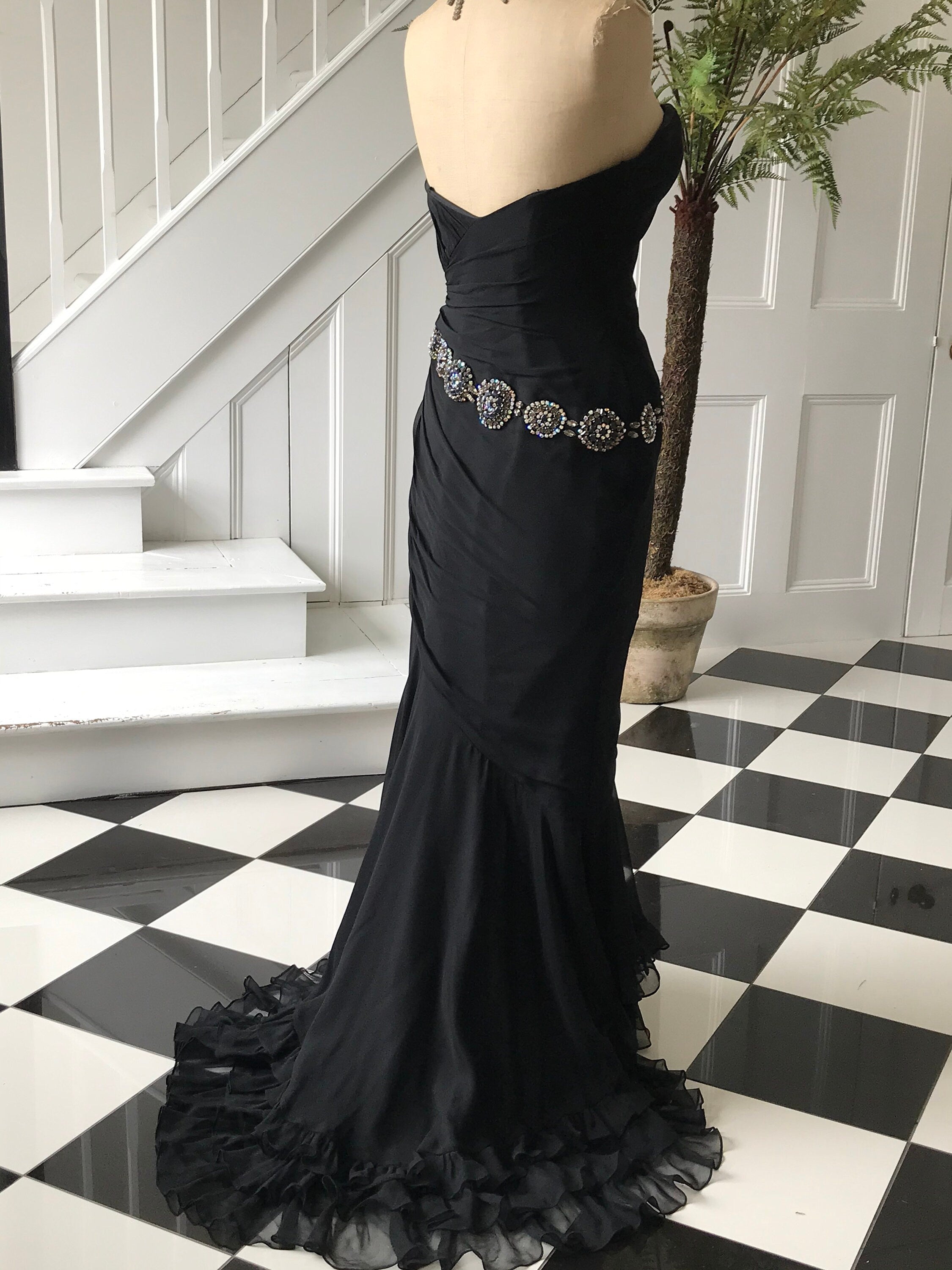 Vintage 1980s long black silk crepe mermaid style  party dress with embellishment and ruffles