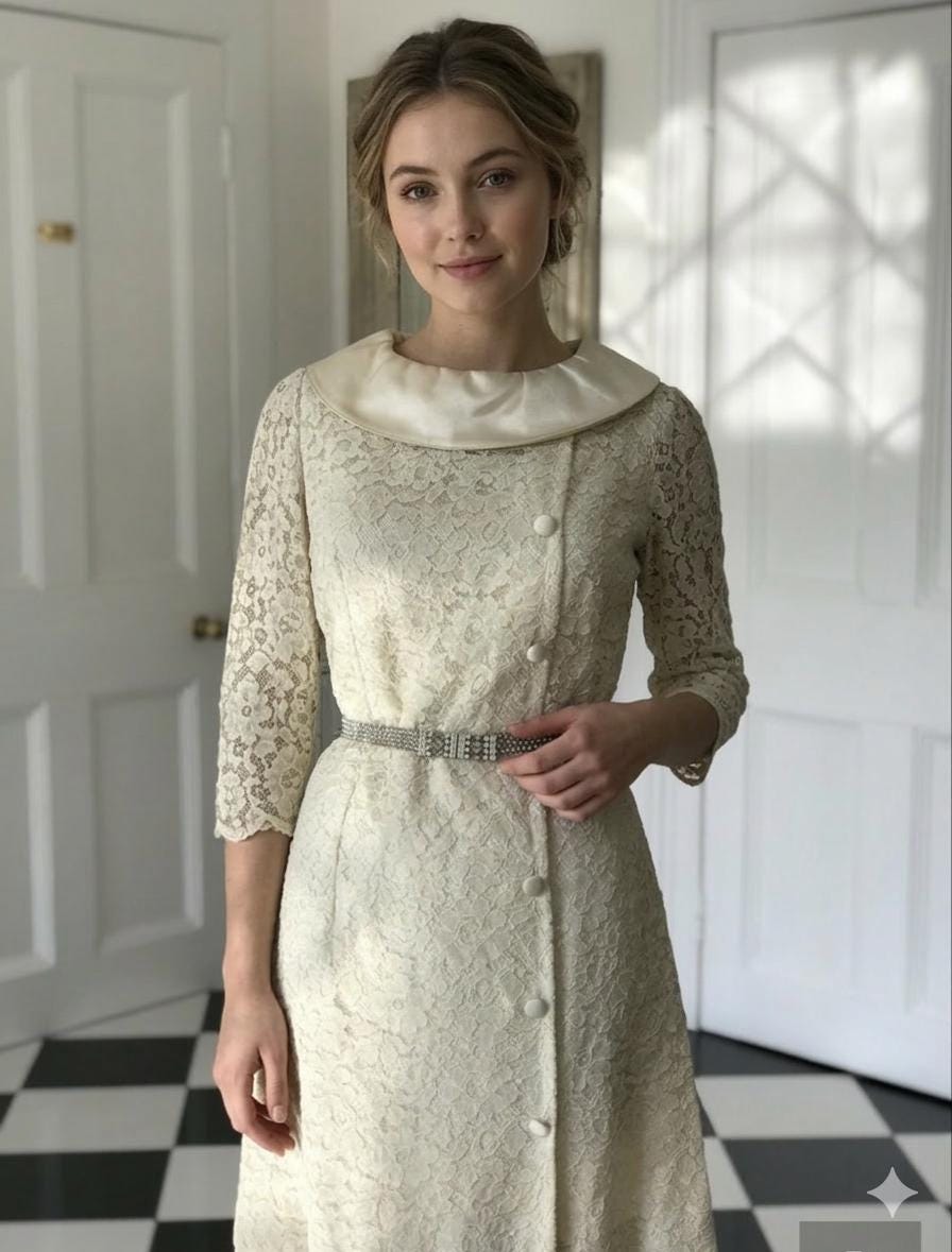 1960s silk satin and corded lace wedding dress  cocktail  dress