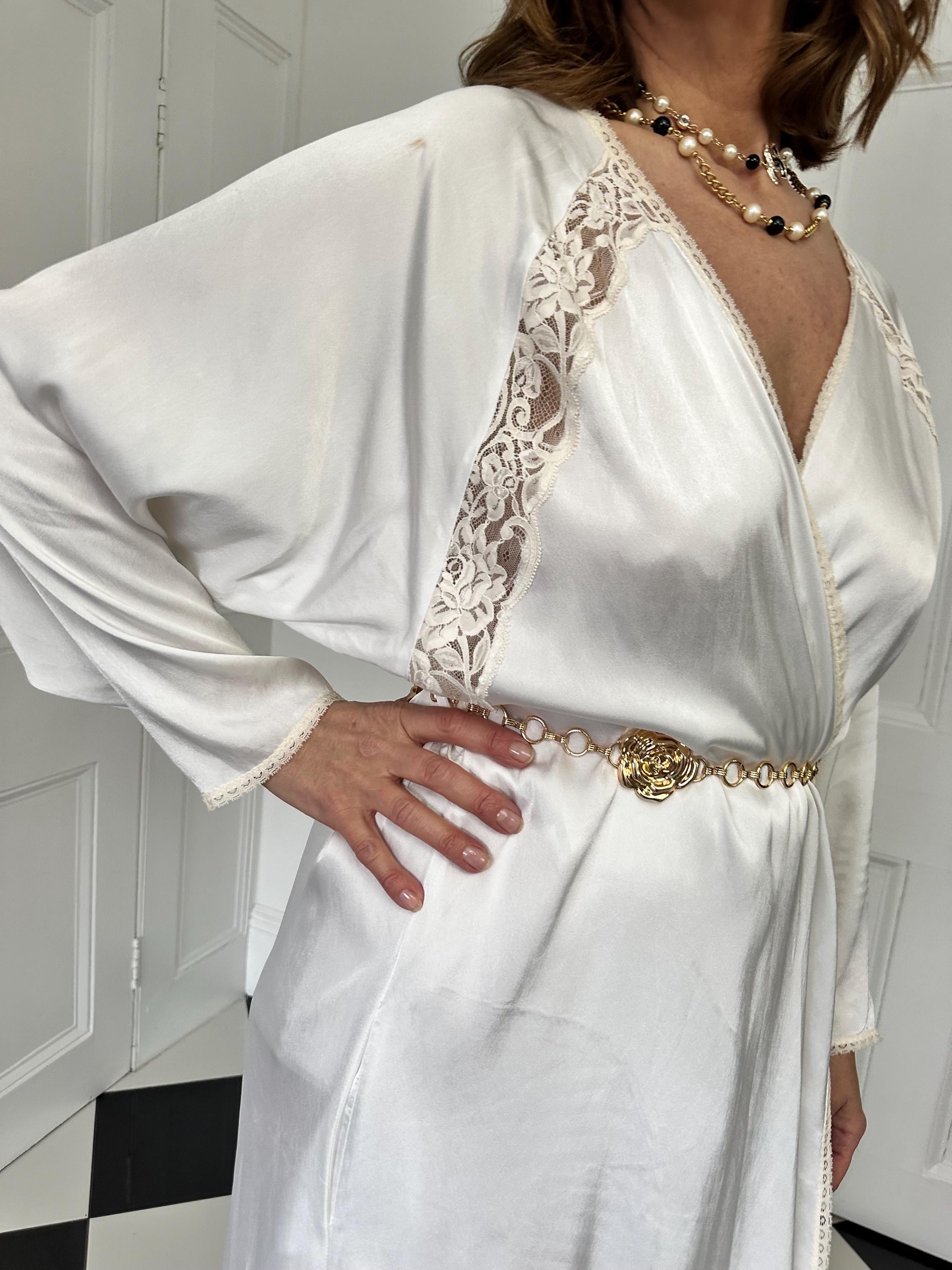 1970s vintage white satin wrap dress robe