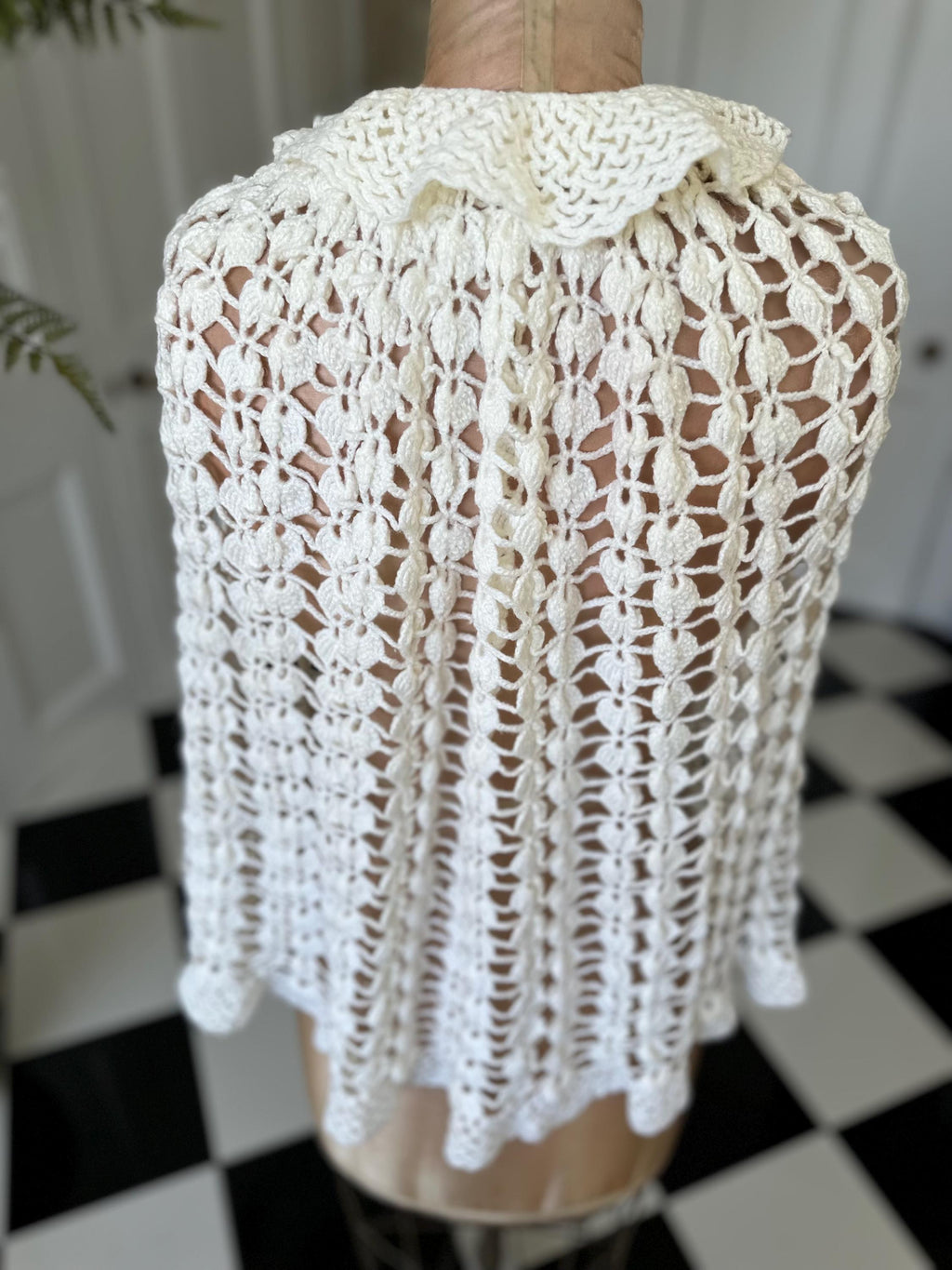 Vintage Off-White Hand Knitted Cape with Ruffle Neckline  and Pom Poms