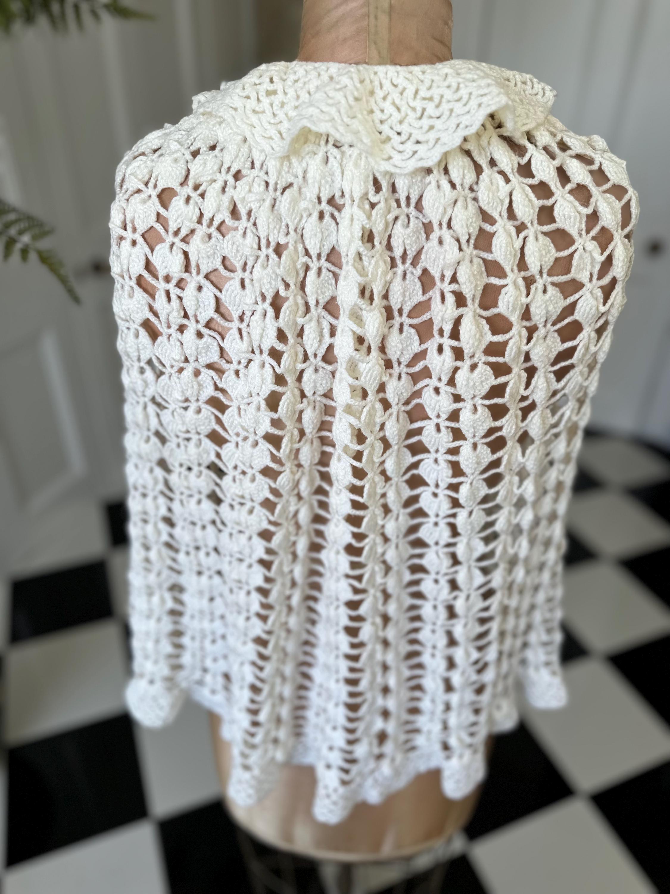 Vintage Off-White Hand Knitted Cape with Ruffle Neckline  and Pom Poms