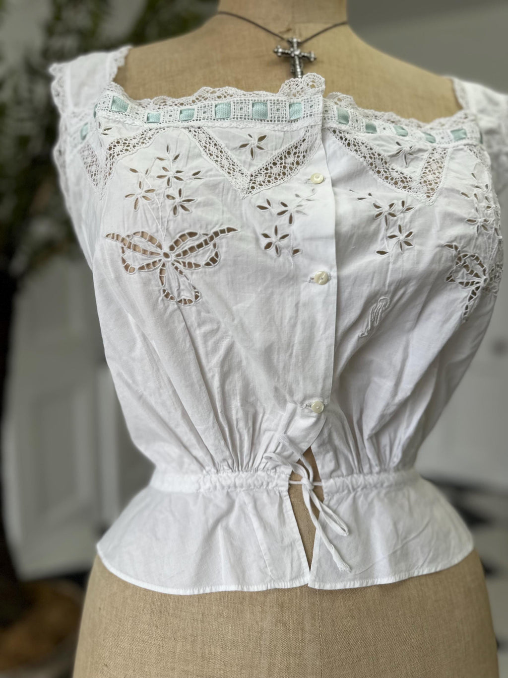 Elegant Victorian Edwardian Lace and Cotton Corset Cover monogram FM
