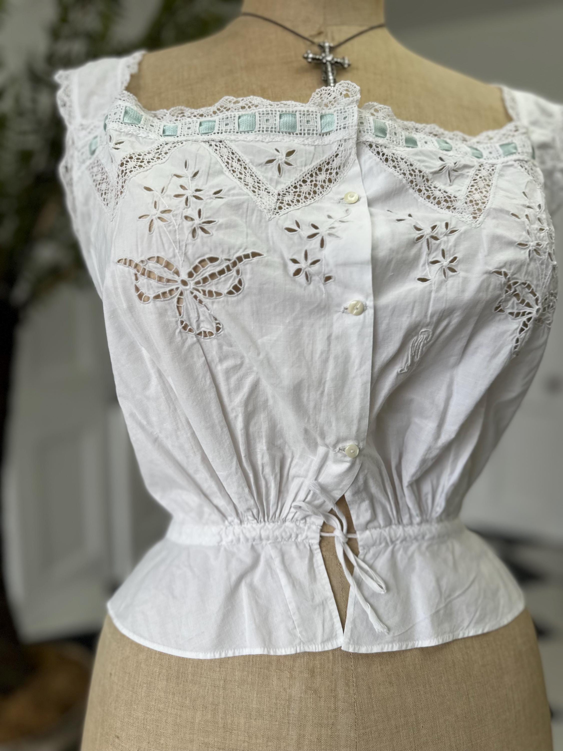 Elegant Victorian Edwardian Lace and Cotton Corset Cover monogram FM