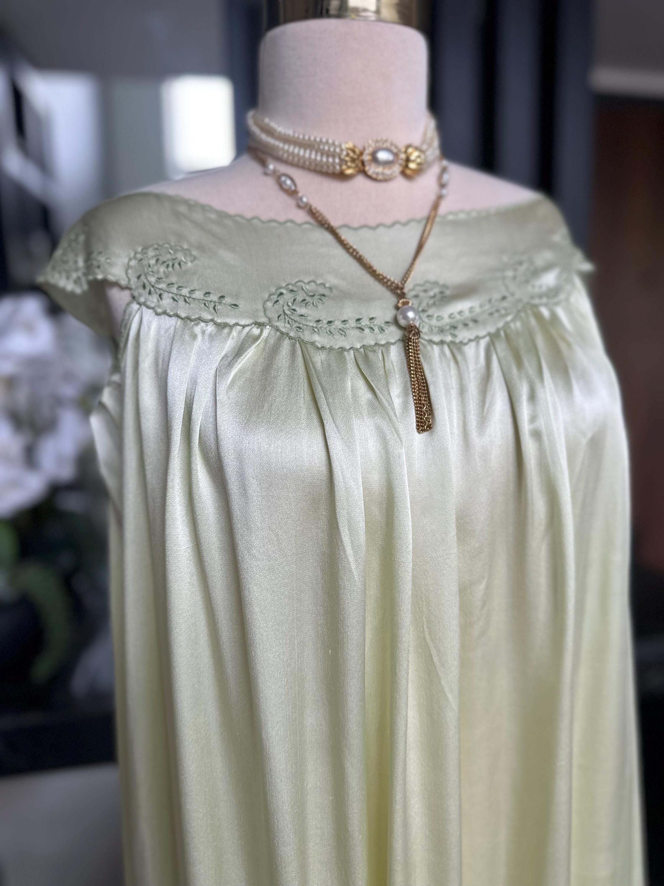 Antique 1920s-1930s Sage Silk Nightgown – Authentic Art Deco Off-Shoulder Gown