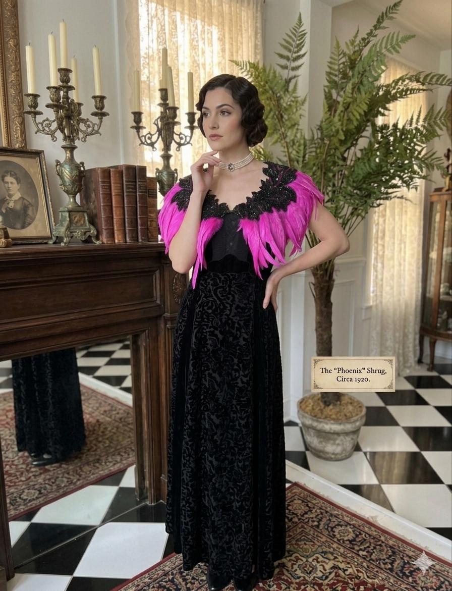 1930s vintage style hot pink cerise pink feather cape  with black embellishment