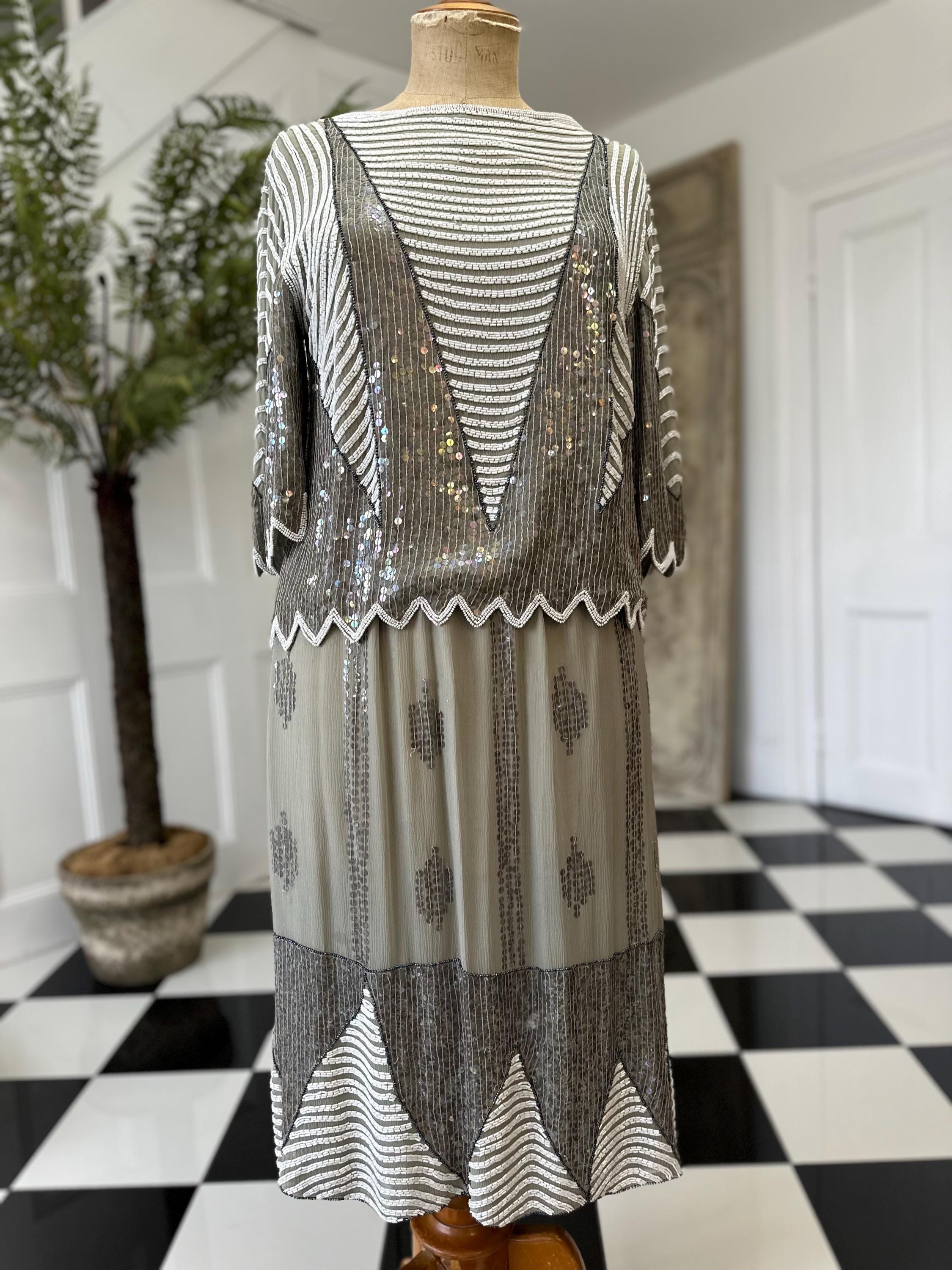 Vintage sage green and white sequin top and skirt