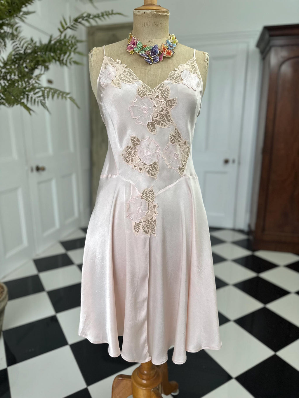 Vintage Pink Mini Silk Slip with Lace - Sexy Front Split with thin Straps