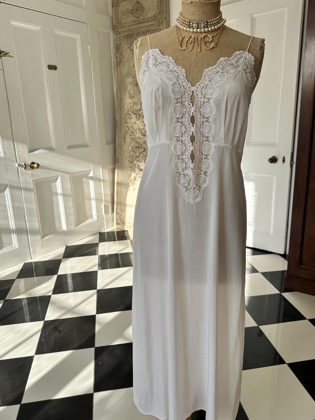 Vintage 1970s  White Silky Slip Gown | Deep V Floral Lace Inset Bridal Nightgown