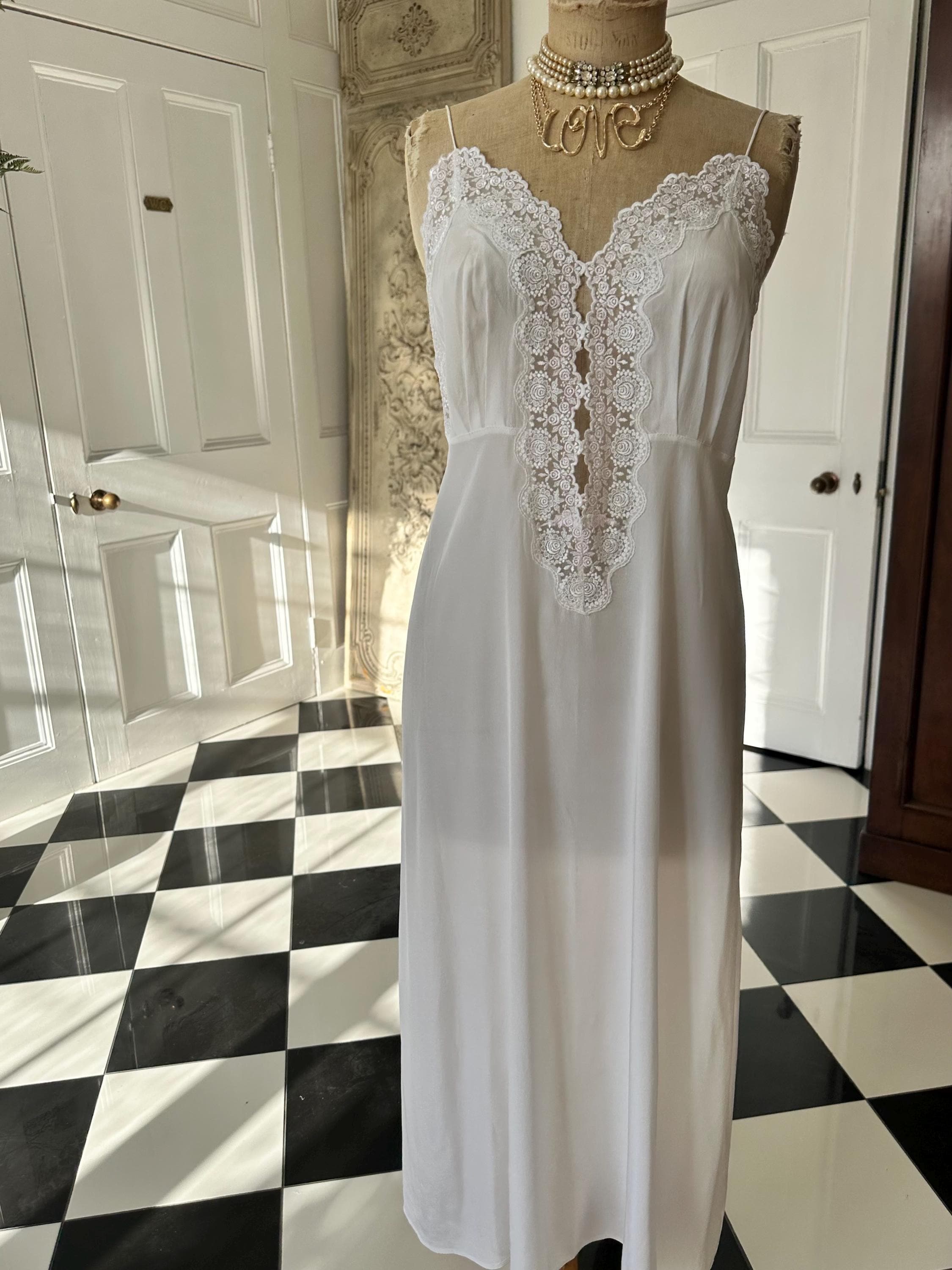 Vintage 1970s  White Silky Slip Gown | Deep V Floral Lace Inset Bridal Nightgown