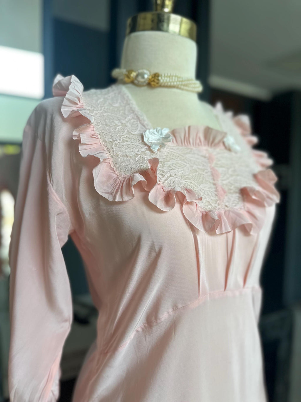 Vintage 1940s Pink Rayon Maxi Dress – Lace Ruffle Bodice, Victorian Sleepwear Gown