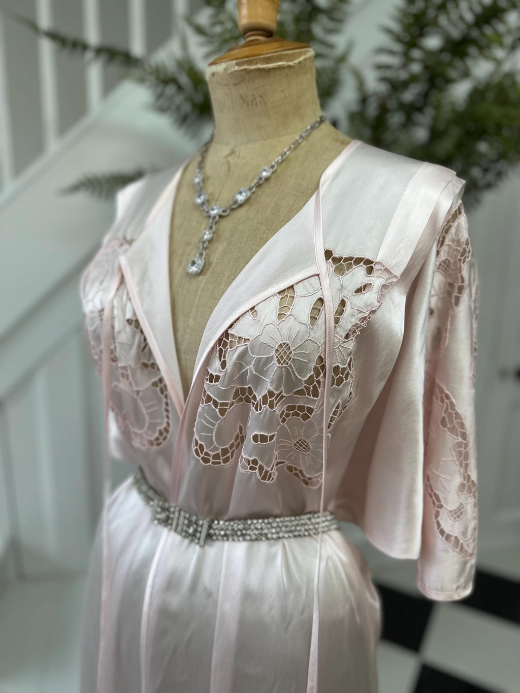 1970s Pink Satin dressing gown with Cutout Lace Loungewear