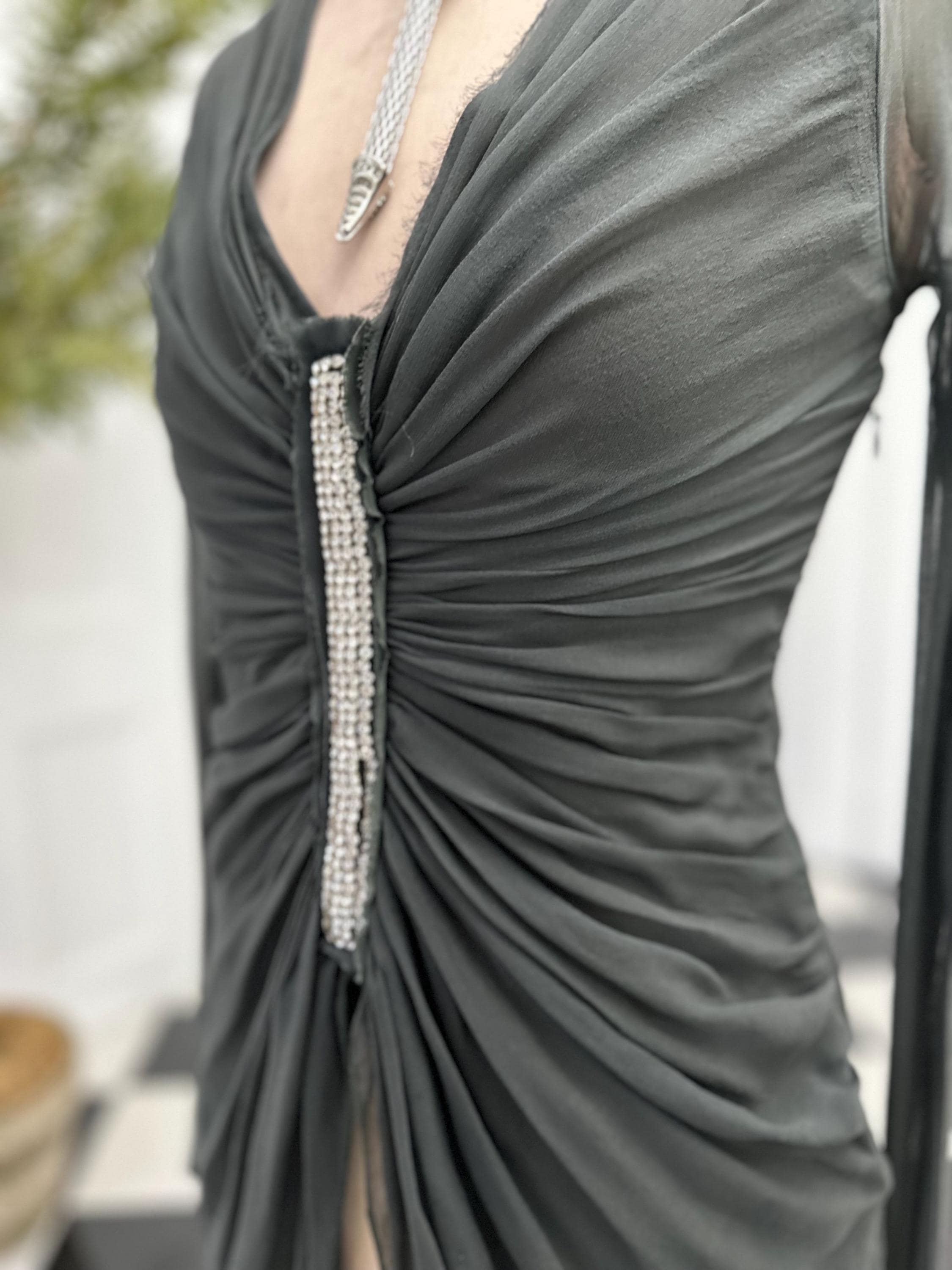 Vintage Dark Grey Silk Crepe Blouse Elegant Long Sleeve with Plunge Neckline