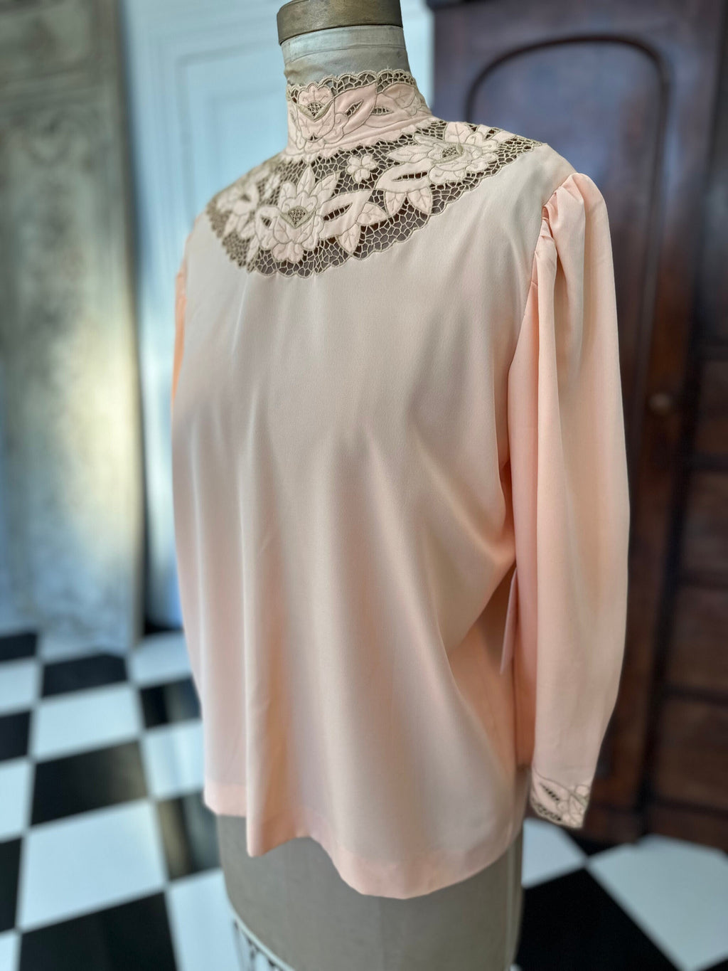 Vintage peach cut out lace high neck blouse