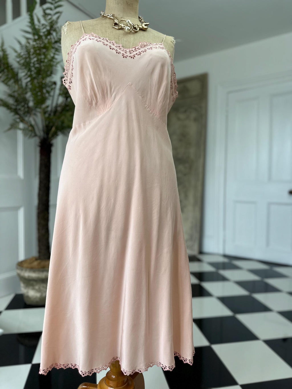 1930 silk slip dress with cutout lace details