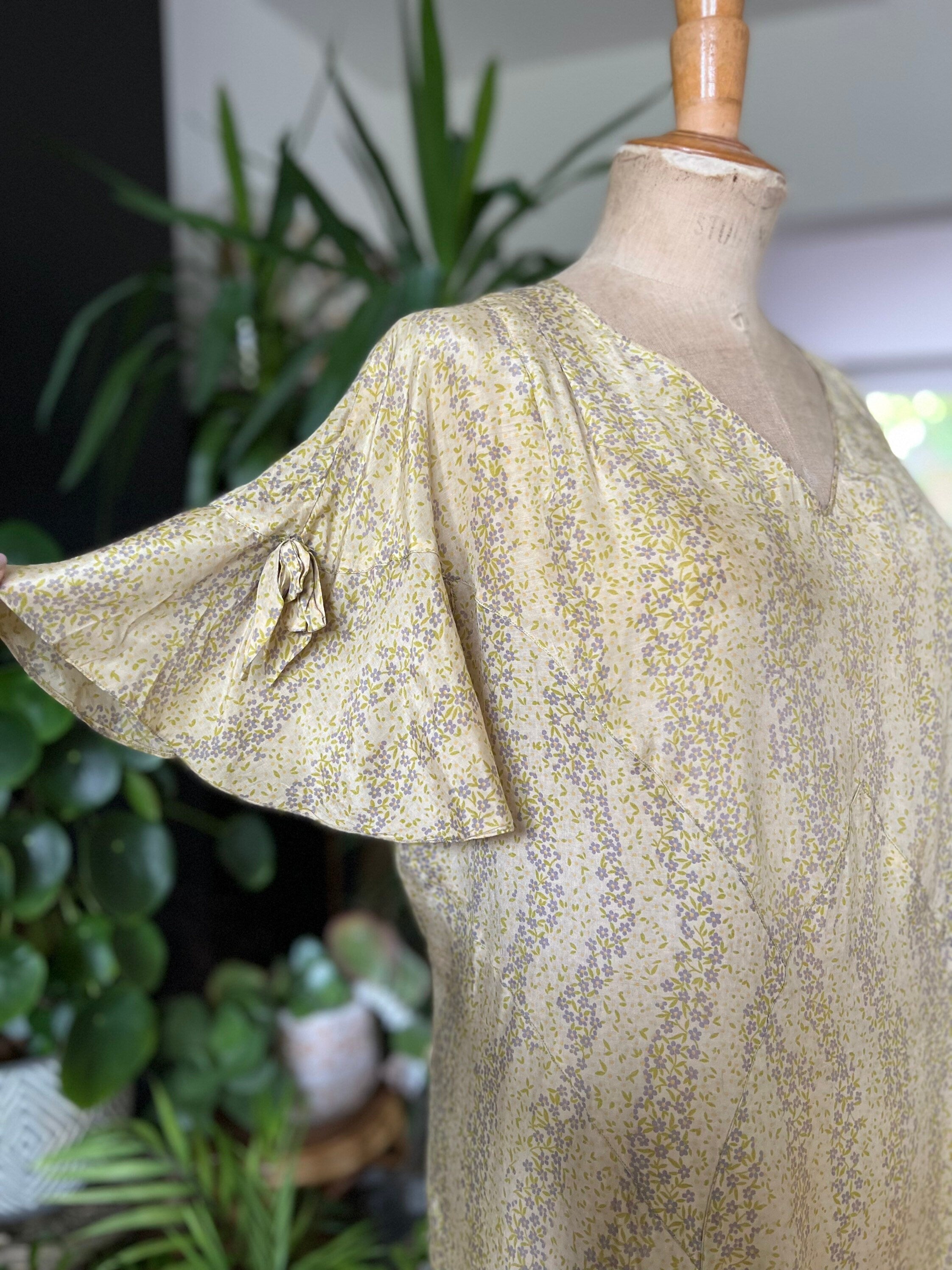 1920s 1930s summer Silk floral dress short sleeves