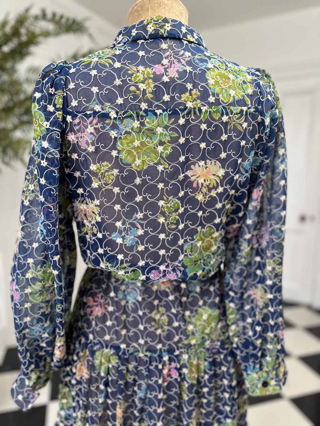 1970s Vintage Organdie Dress: Blue Green Floral Embroidered Long Sleeve