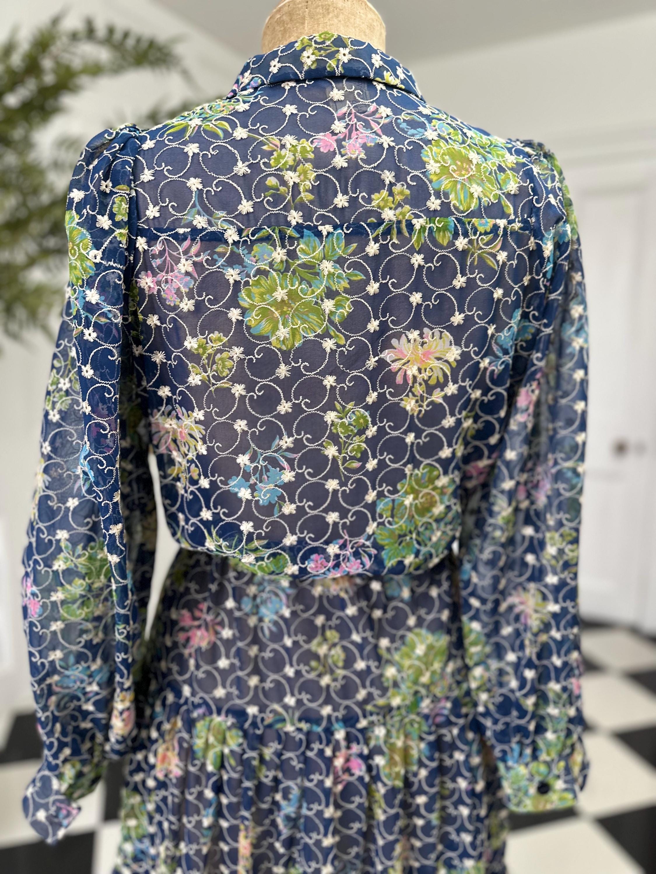 1970s Vintage Organdie Dress: Blue Green Floral Embroidered Long Sleeve