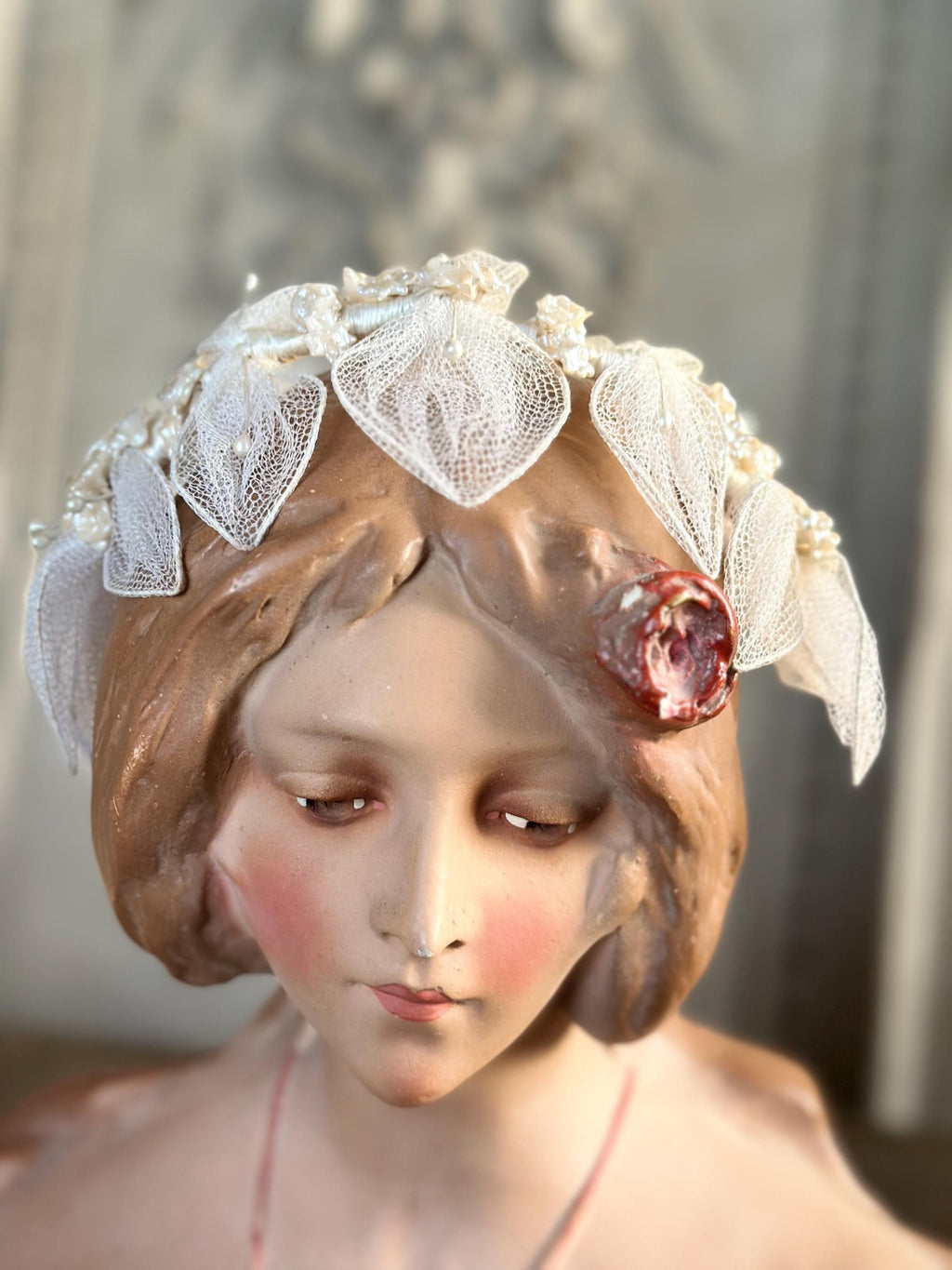 Antique 1940s  Floral Wax Tiara with tulle