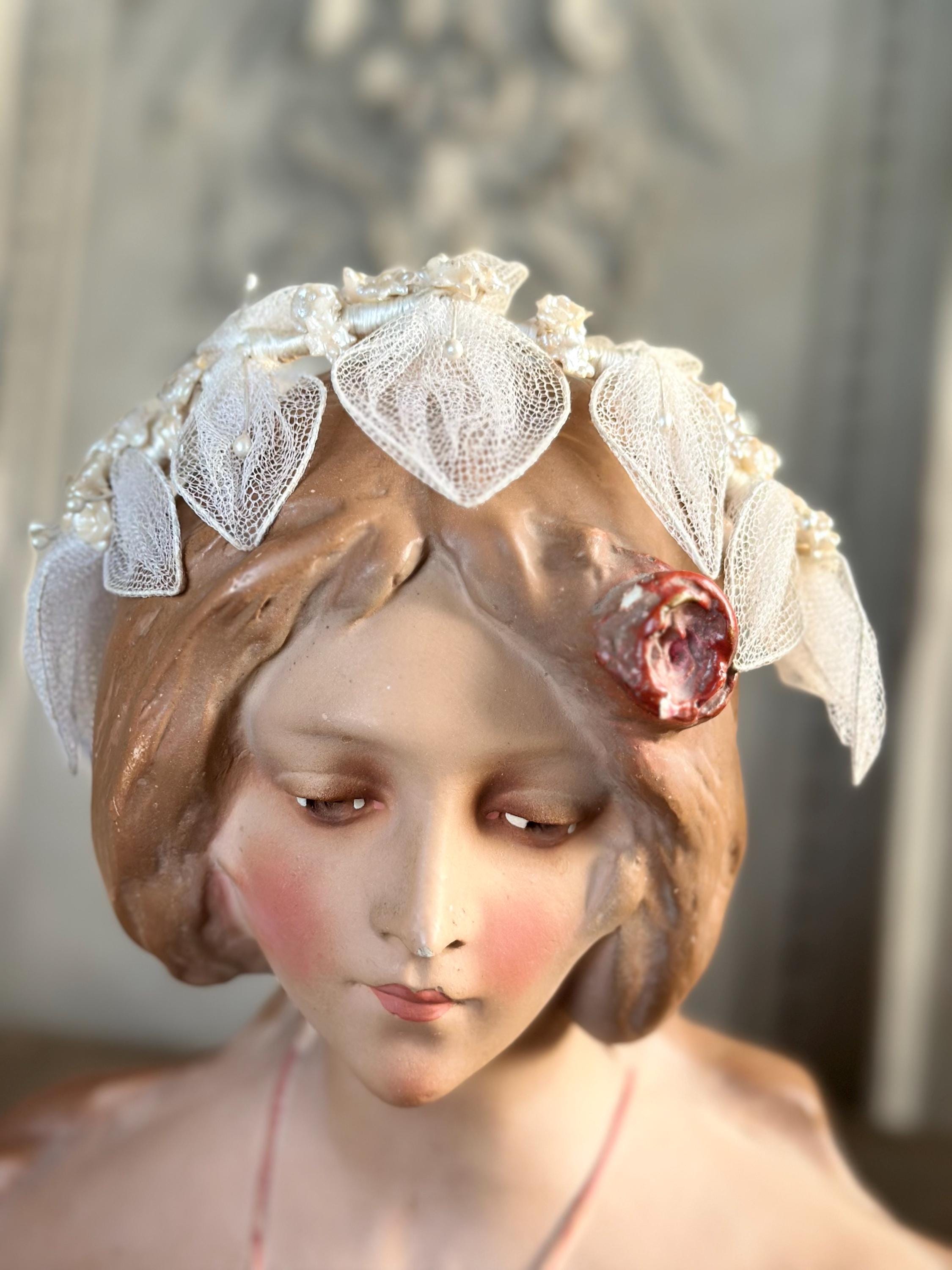 Antique 1940s  Floral Wax Tiara with tulle