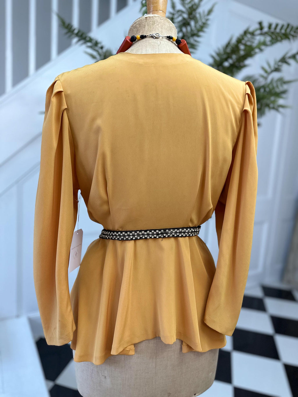 Vintage 1980s silk long sleeve wrap blouse in mustard