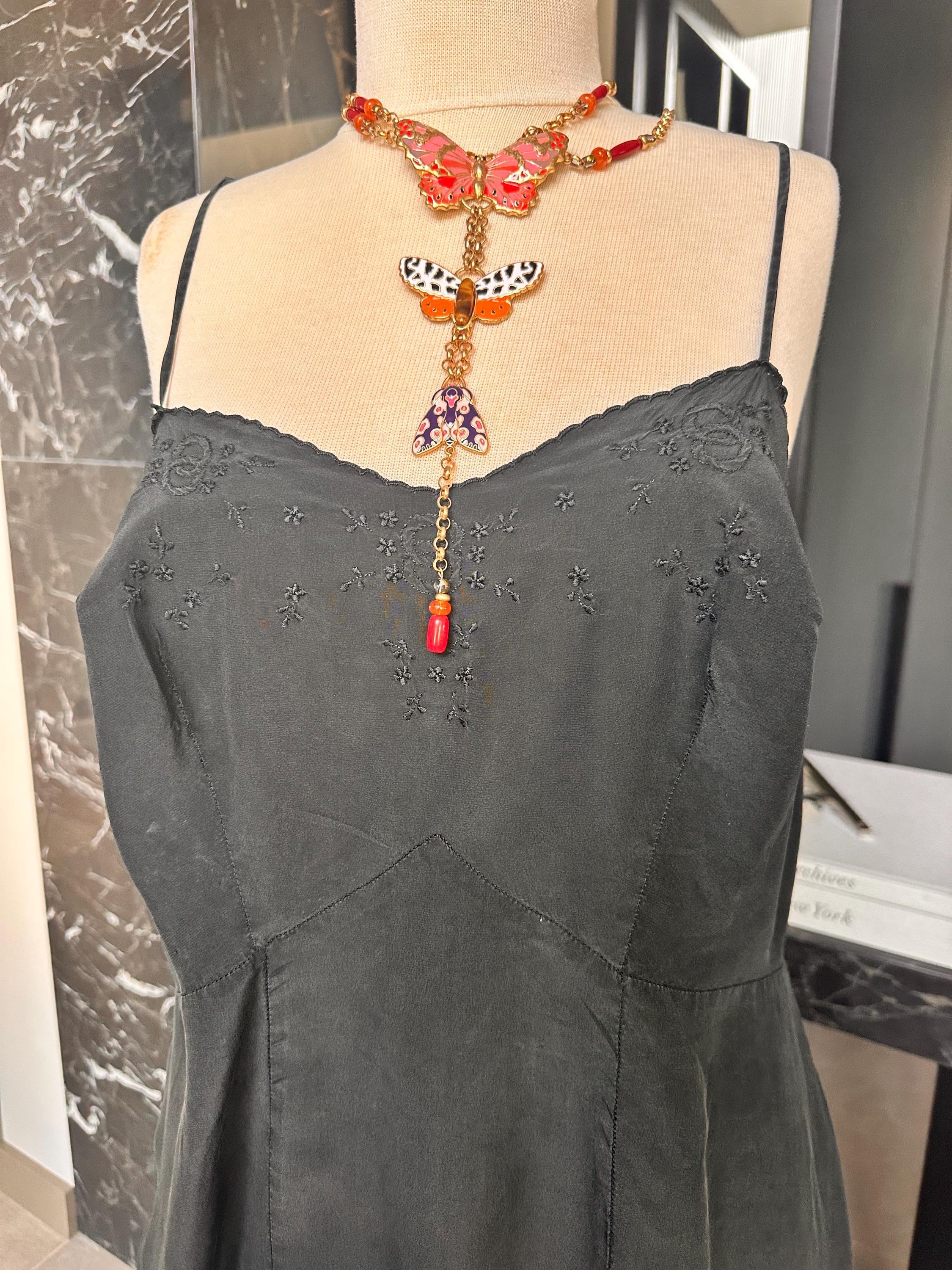 1940s Washed Black Silk Slip – Art Deco Waist, Embroidered Bust, Midi Length