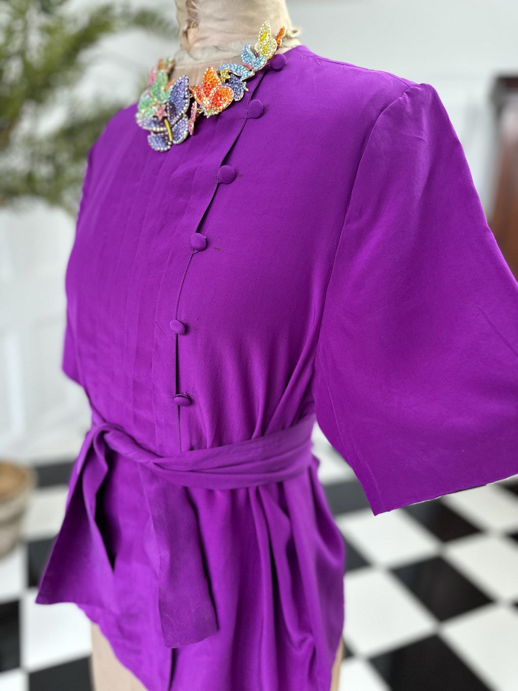 Vintage Deep Purple Silk Blouse with silk belt