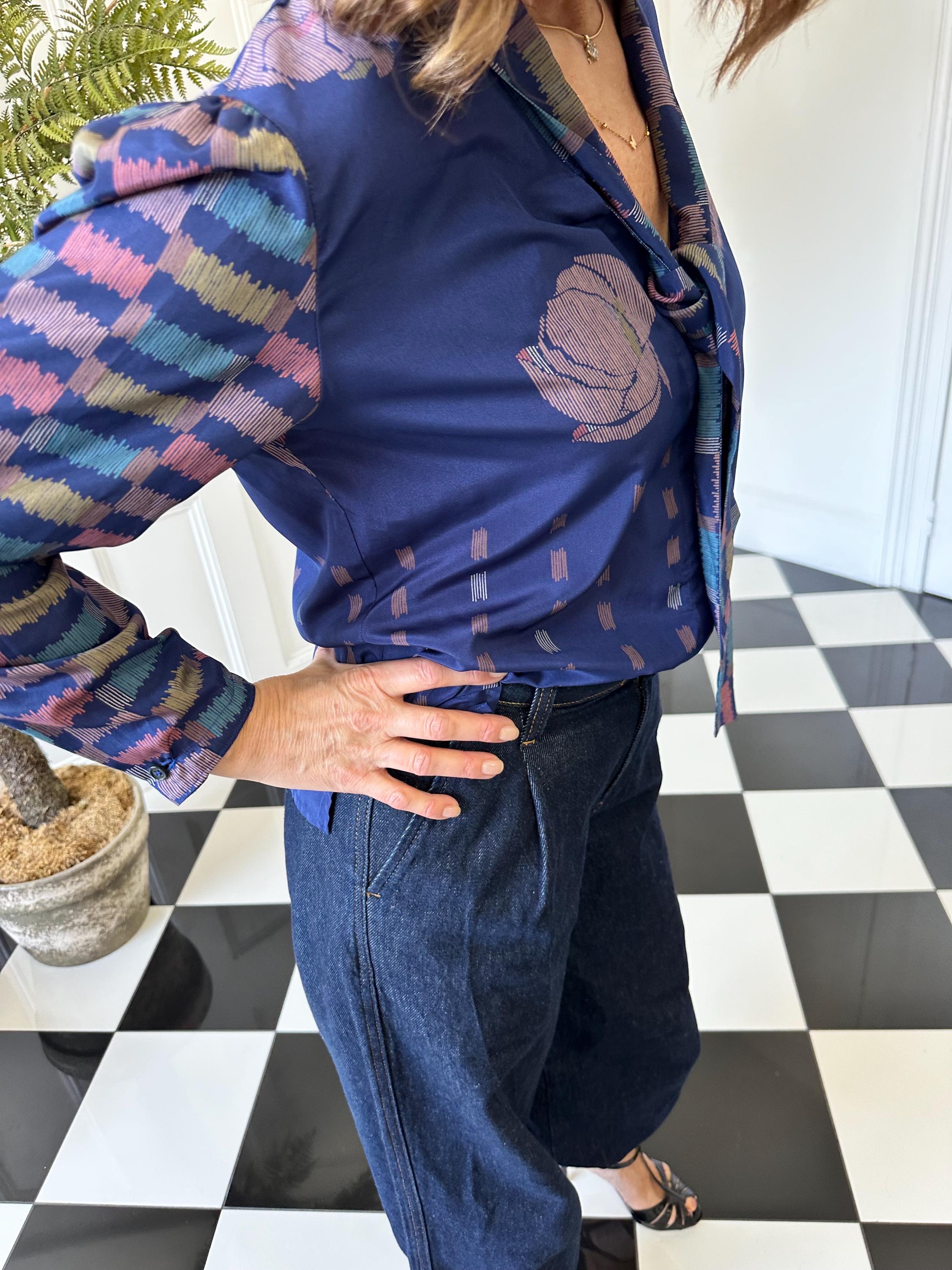 Vintage blue bussybow long sleeve blouse geometric print design